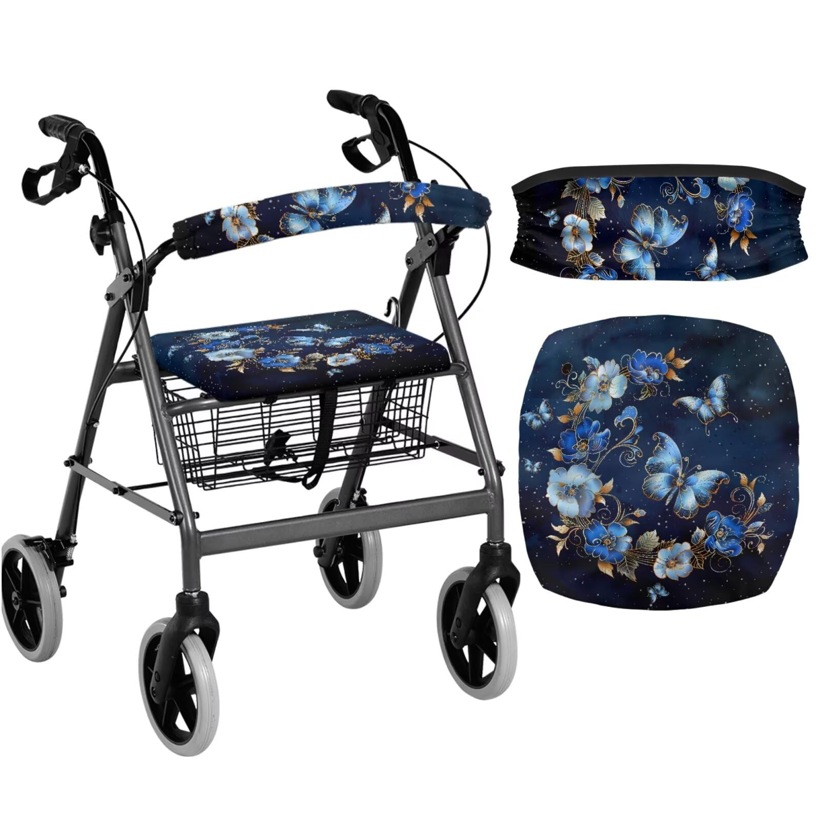 Rollator Accessories バタフライブルーローラーウォーカーカバー 高齢者向けギフト 介護用洗濯可能 ダストスリップカバー 高齢者用ウォーカー アクセサリー付き 取り付け簡単