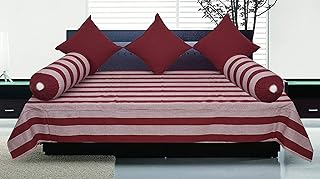 New Ladies Zone Cotton Maroon Striped Diwan Set (1 Single Bed Sheet, 2 Bolster Covers, 3 Cushion Covers)