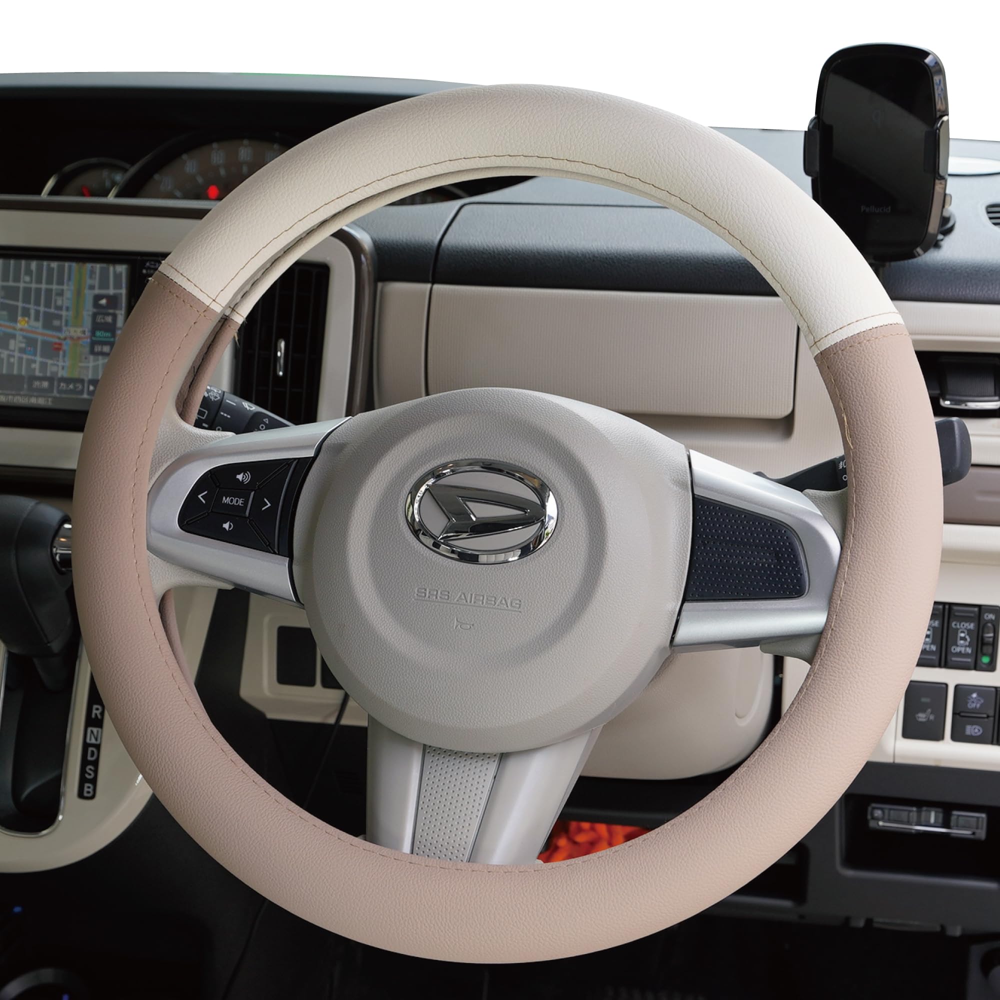 CARESTAR Bicolor Leather Steering Wheel Cover S Size Cute Muted Color Earth Color Steering Light Vehicle Regular Vehicle Compatible with Many Models Tanto Lapin Hustler Canvas Alto Jimny Wagon R beige