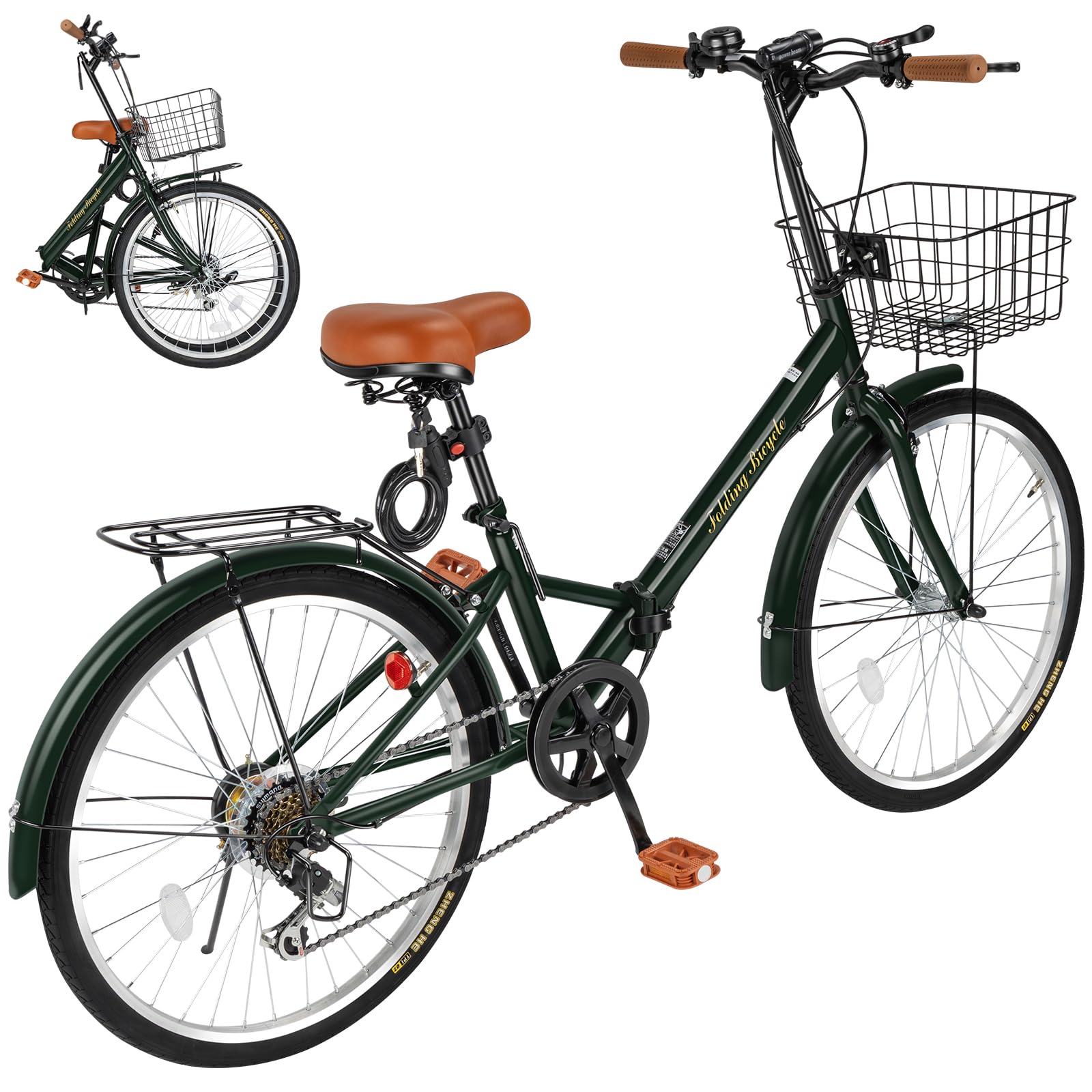 Mixiu Shimano Folding Bicycle, 7 Speed Shifter, High Carbon Steel Frame, 20"/24 Inches, Thick Saddle, Rear Carrier, Cage, Light, Wire Lock, Air Pump Included, Lightweight, Bicycle, Commuting to Work or School, Street Riding, Unisex green (dark green) 24インチ