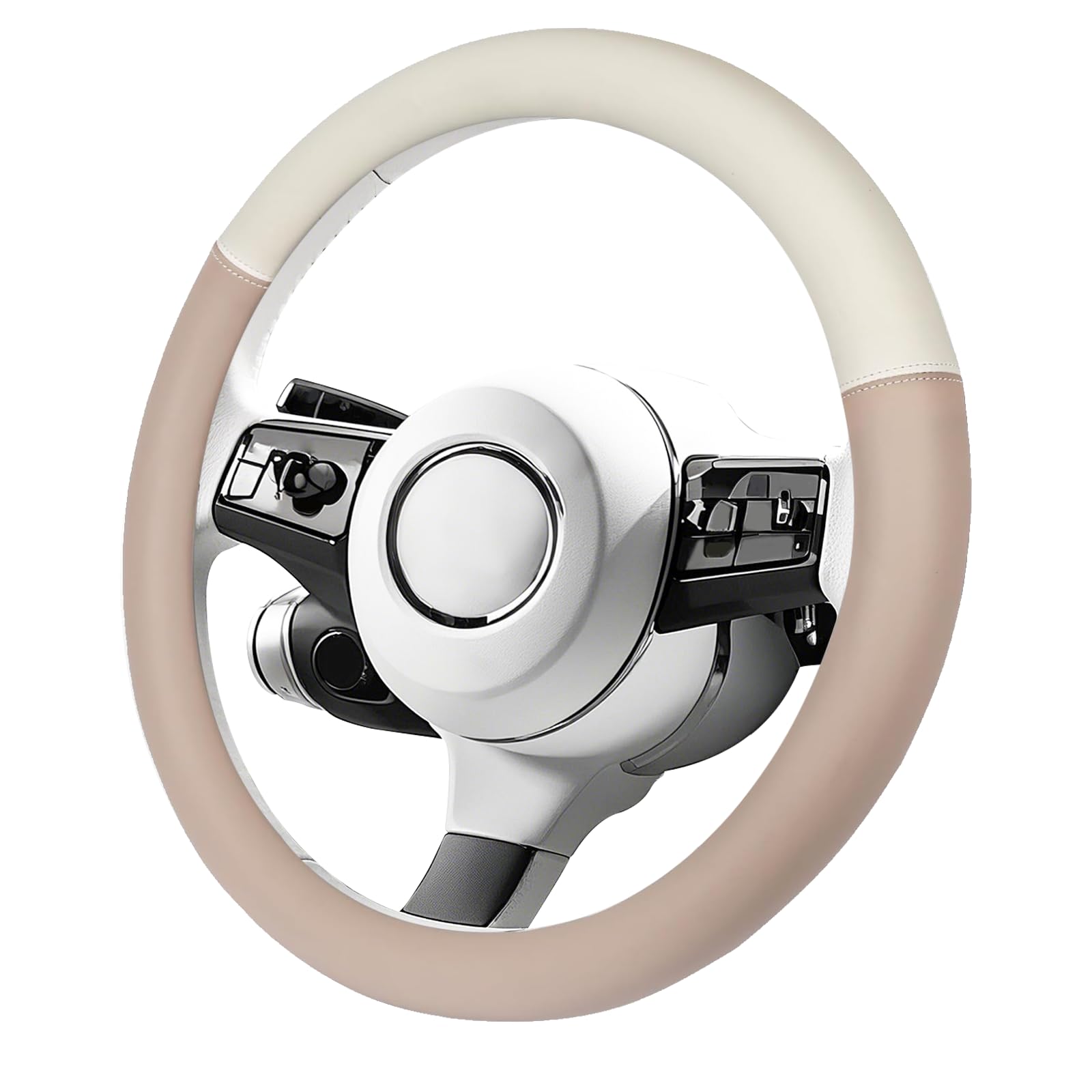 Steering Wheel Cover, Bi-Color, S Size, Leather, Steering Wheel Cover, Two-Tone, Cute, Steering Wheel, For Light Cars, Standard Cars, Suitable for Various Vehicles, Stylish (Beige)