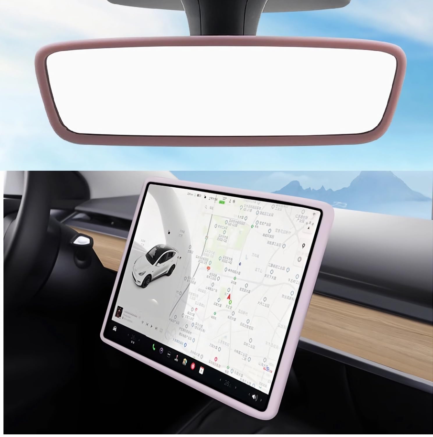 スクリーンプロテクター シリコンフレーム + リアビューミラーカバー Tesla Model 3 Model Y用 15インチ センターコントロール タッチスクリーン 膝保護 衝突防止 耐久性 (ピンク) ピンク2セット。