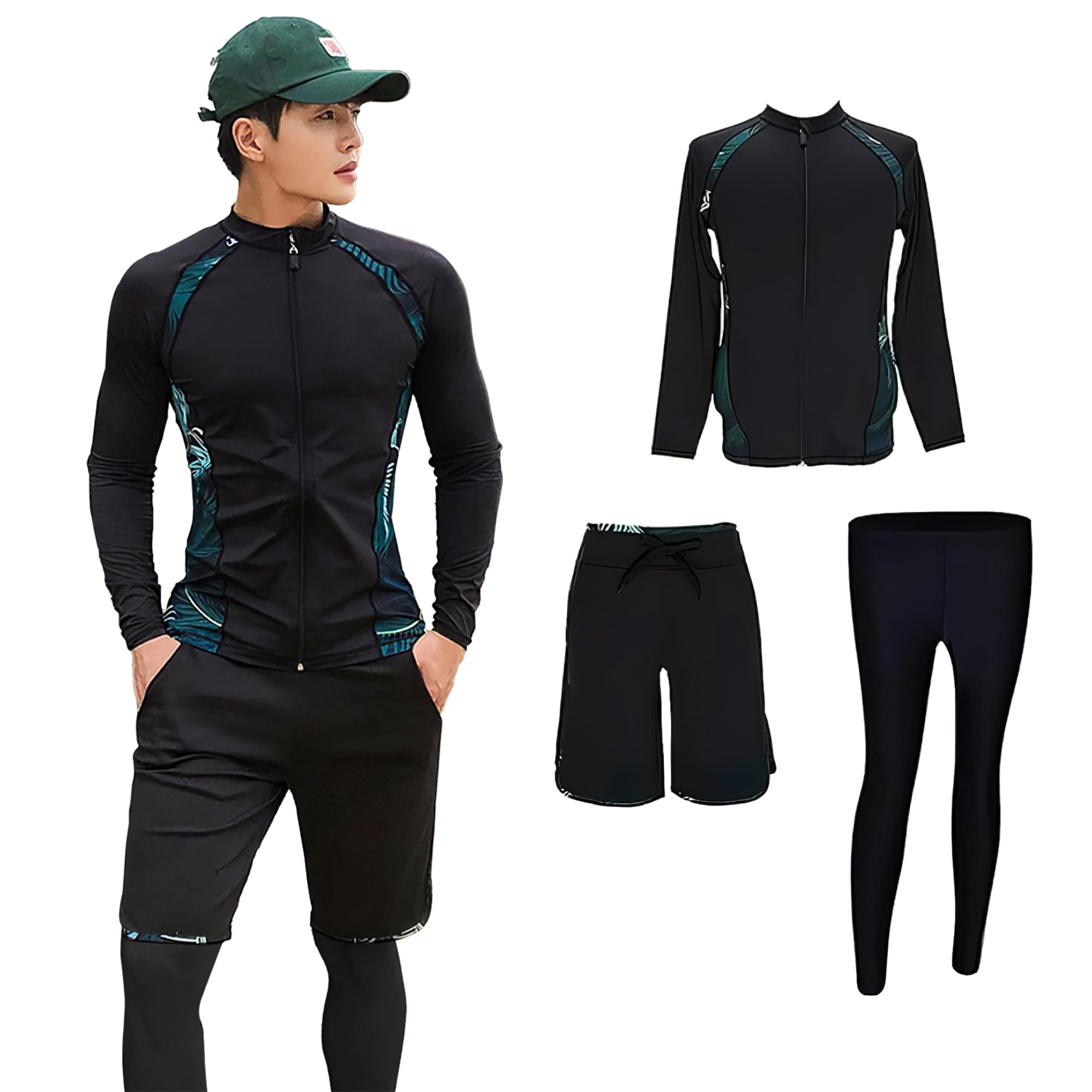 Men's Rash Guard Swimwear Set, Sportswear, Fitness, Long Sleeve, Open Front, Amphibious, 3-Piece Set, Leggings, Surf Pants, UV Protection, UV Defense, Swimming, Competition, Swimsuit, Beach 2 XL #191: 3 Piece Set (A)