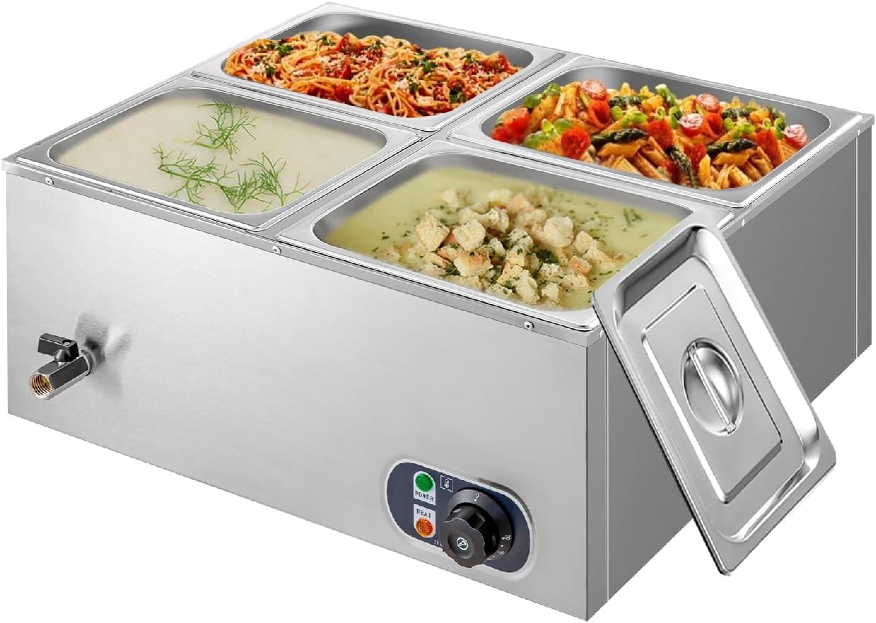 Kurflo Electric Food Warmer, 1,500 W, Commercial Food Warmer, Buffet Bainmary, Boiling Type, Heat Settings, 66°F to 185°F (30°C to 85°C), Stainless Steel (4 x Hotel Pans), Empty Firing Prevention, Large Capacity One Size