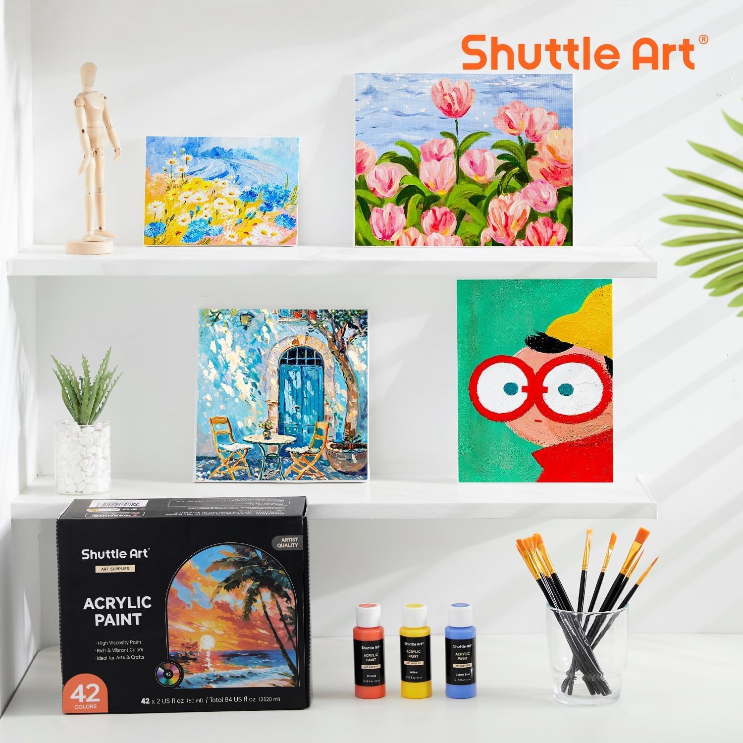 Набор акриловых красок Shuttle Art, 42 цвета, в комплекте 12 кистей, Большая емкость 60 мл, Быстросохнущая, Водостойкая, Долговечная, Отличная текучесть, Яркие, фото 7