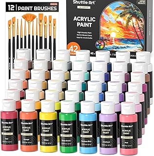 Shuttle Art アクリル絵の具 42色セット 筆12本付き 絵の具セット 大容量 60ml 速乾 耐水 耐久 伸びがいい 鮮やか メタリック ボトル イラスト 塗り絵 クラフト DIY手作り トールペイント キャンバス/ガラス/セラミック/石/壁/木材に適用 美術 画材 大人 子供用 初心者 専門家 Acrylic Paint