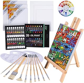 Ohuhu 油絵具 セット 56点セット 36色 油絵 油絵の具 絵画 画材 絵の具セット 初心者 大人 男の子 女の子 木製イーゼル 張りキャンバス 油彩筆 パレット カラーホイール
