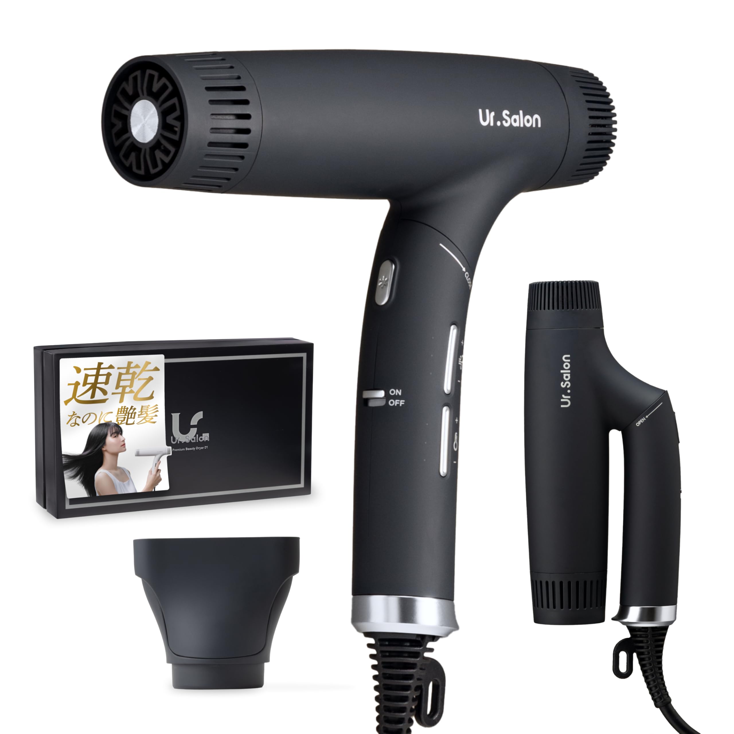 Hair Dryer, Large Airflow, Quick Drying, Double Repairing Ions, Foldable, Far Infrared, Moist and Shiny Hair, Volume Up, Lightweight, Compact, Anti-Static, Quiet, 3 Air Speeds, 4 Temperature Rich Black Quick drying and high airflow model