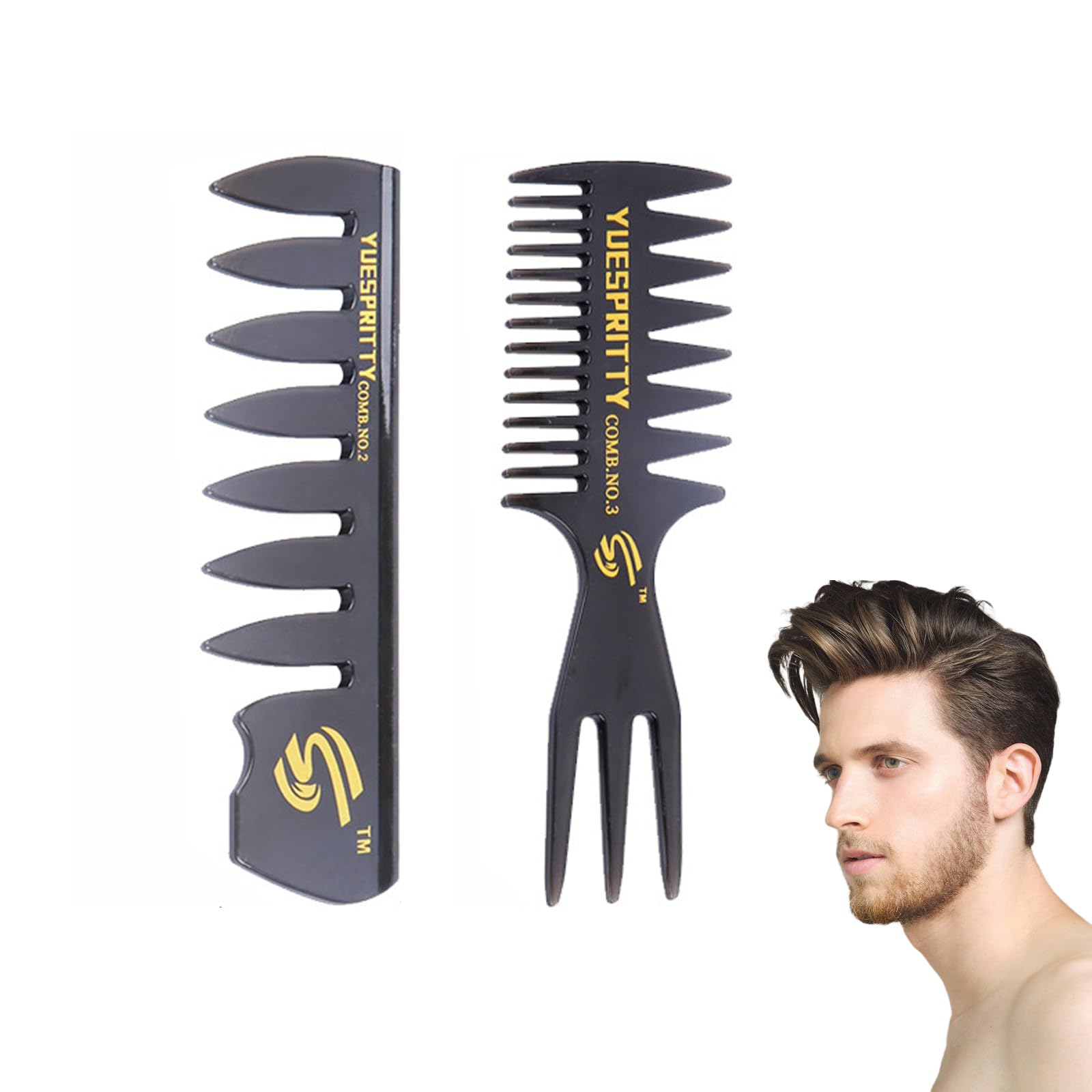 Men's Comb, Hair Comb, Textured Comb, Coarse, Anti-Static, 2-Piece Set, Men's Comb for Salon, Beauty Salon, Barbershop, Black