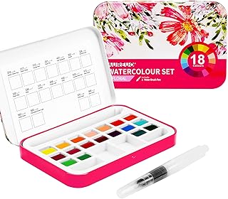 AUREUO 旅行用水彩絵の具セット - 花の絵用の色 18色 固形顔料 - ポータブル鉄の小箱装、スケッチ用の水彩絵のブラシペン付き 旅行向けの無毒顔料 - 絵画愛好家、初心者、アーティスト向けの塗料