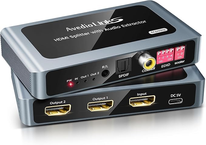 avedio links HDMI Splitter, 4K@60Hz, 1 Input, 2 Outputs, HDCP2.2 Discresion, Audio Separation Function, HDMI Splitter, Supports Optical Digital, Coaxial, 0.1 inch (3.5 mm) Audio Output, 7.1 ch 4K@60Hz 1 input 2 output