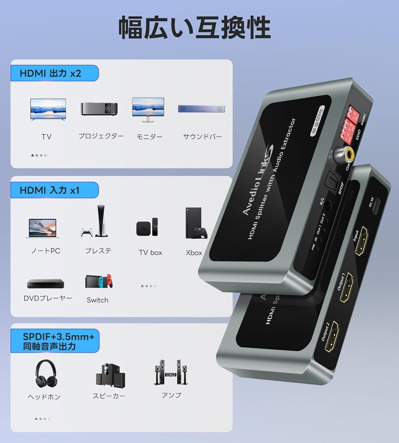 HDMI-разветвитель avedio links, 4K@60 Гц, 1 вход, 2 выхода, разрешение HDCP2.2, Функция разделения звука, HDMI-разветвитель, Поддерживает оптический цифровой, коаксиальный, 0,1 дюйма (3,5 мм) Аудиовыход, 7,1-канальный 4K при 60 Гц, 1 вход, 2 выхода, фото 7