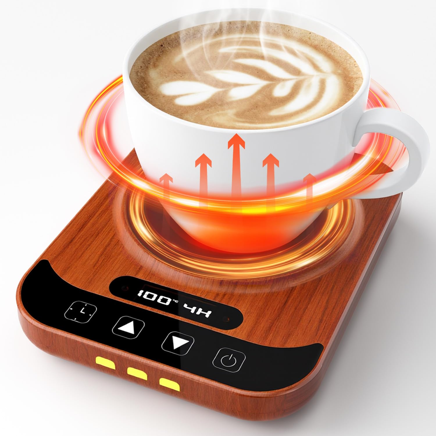 Cup Warmer, 9 Levels of Temperature Adjustment, 104°F - 176°F (40°C - 80°C), Coffee Warmer, 12 Levels Timer, Schedule Start Function, Drink Warmer, Heat Retention, Rapid Heating, Suitable for Drinks such as Coffee, Water, Tea, Milk, Mug Warmer, 4 Hours Automatic Power Off, Energy Saving, Quiet, Mood Light, Heat Resistant Mat Included, Birthday Gift, Birthday Gift, Christmas Gift, For Women, Office Use, Home Use wood grain