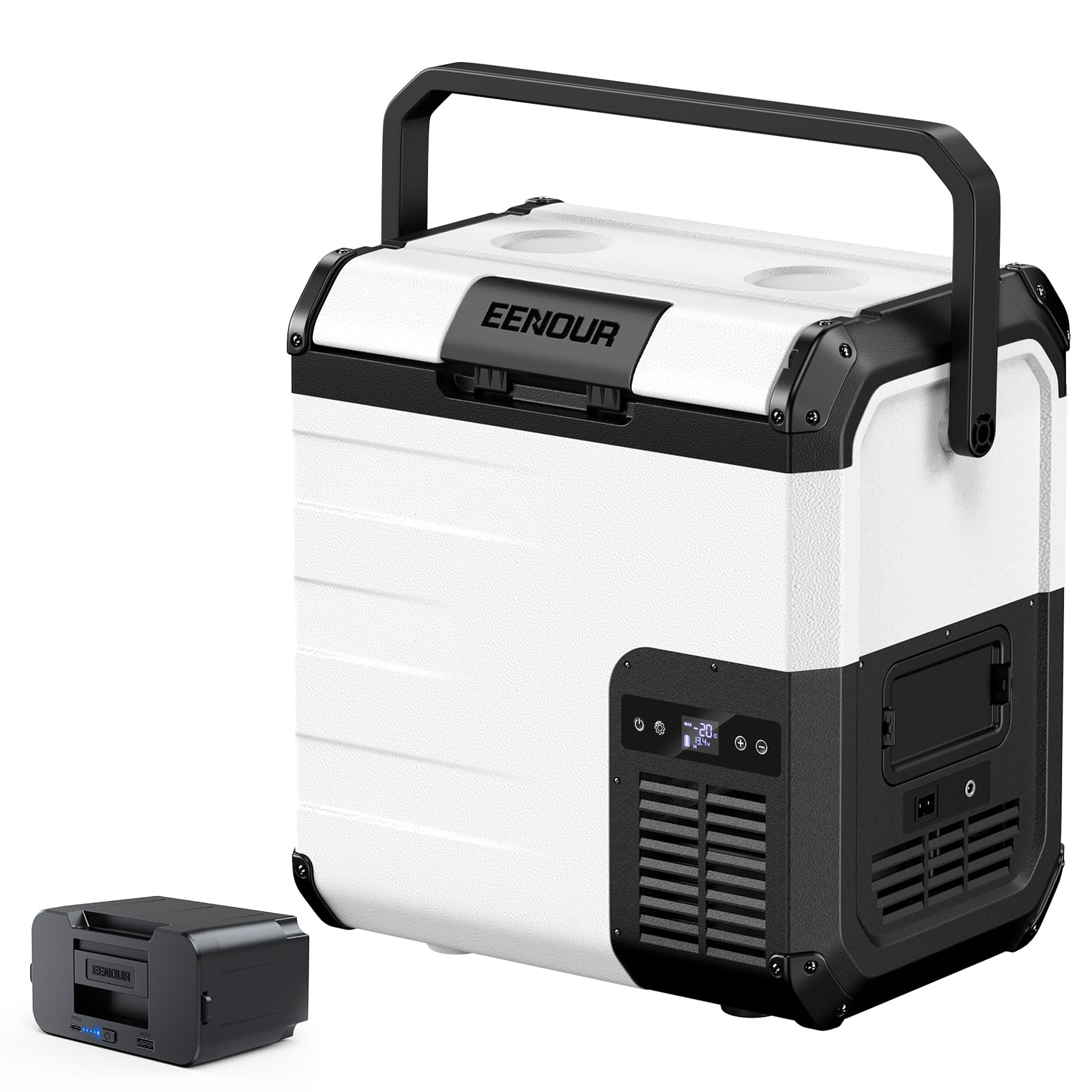 EENOUR D18 PRO Cordless Cooling Cabinet, 5.8 gal (18 L) -4°F to 140°F (-20°C to 60°C), Includes 1 Battery, For Freezing & Heating, Compressor Type, 4-Way Power Supply, AC 100 V, DC 12 V/24 V, Battery, Portable Refrigerator, Energy Saving, Small, Ideal for Indoor & Outdoor Use, Camping, Sleeping in Cars 4) 18L battery included