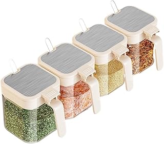 ガラス製 調味料入れ 4 個セット 300ml 密閉式 スパイスボトル キッチン収納 防湿防塵 片手で開閉可 塩/砂糖/コショウ入れ キッチン整理に最適 スプーン付き (ホワイト)