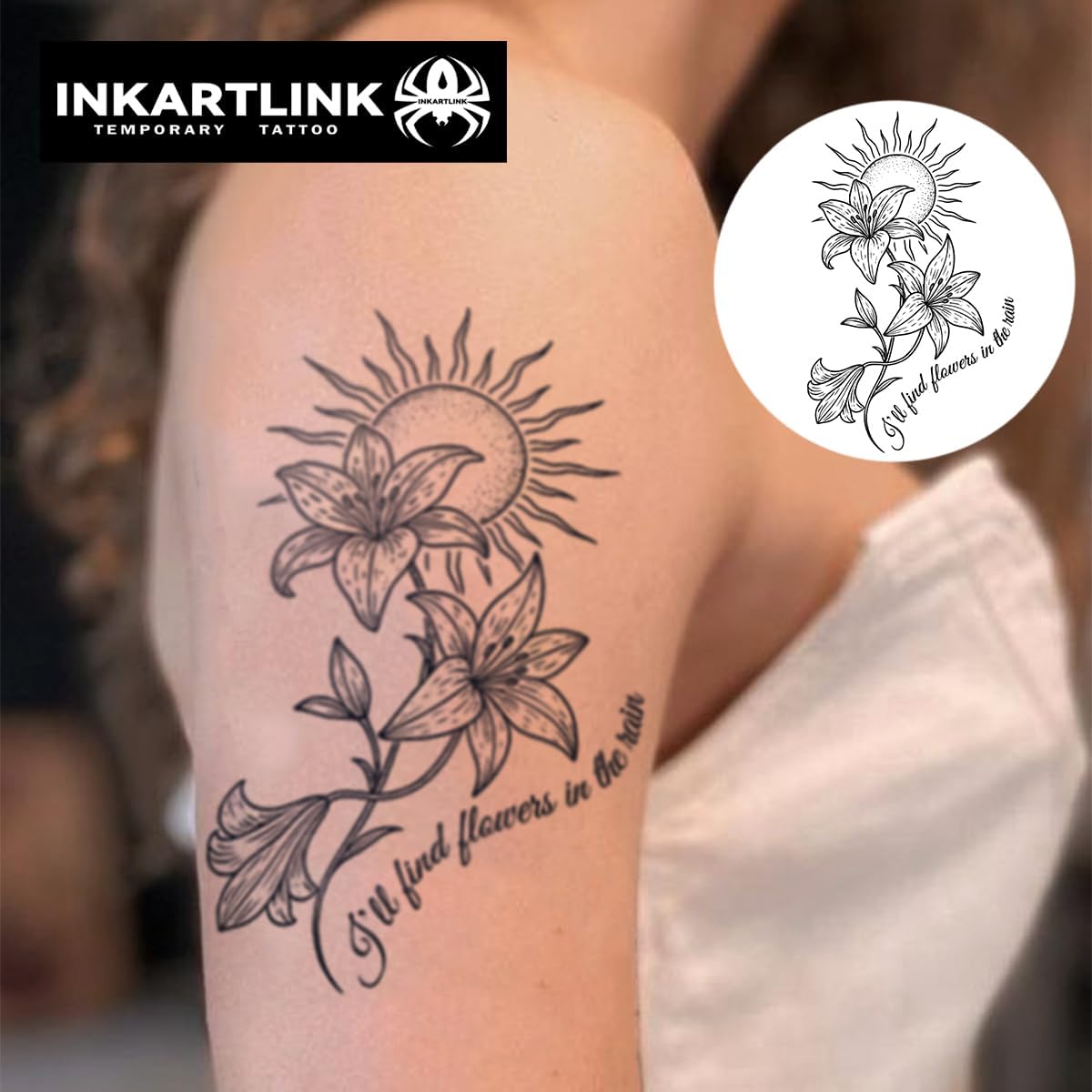 INKARTLINK Tattoo Tech 2-листовая средняя полупостоянная татуировка для взрослых, художественный дизайн, временная татуировка на 1-2 недели, водонепроницаемый, реалистичный внешний вид, отсутствие отражения (ЦИТАТА Лили), фото 2