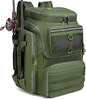 ロッドホルダー付き釣りバックパック - 45L 大型防水フィッシングバッグ、アウトドアキャンプ・ハイキング用装備向け (緑)