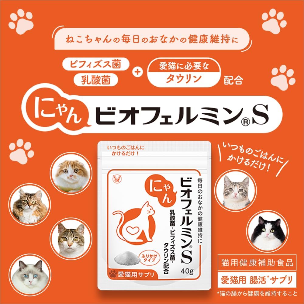 Taisho Pharmaceutical Nyan Bio Fermin S 1 пакетик / 40 г [Пищевая добавка для кошек] Молочнокислые бактерии, бифидобактерии, комбинация таурина, порошковая добавка для поддержания жизнедеятельности кишечника и здоровья желудка, домашняя добавка для кошек с мерной ложкой, фото 3