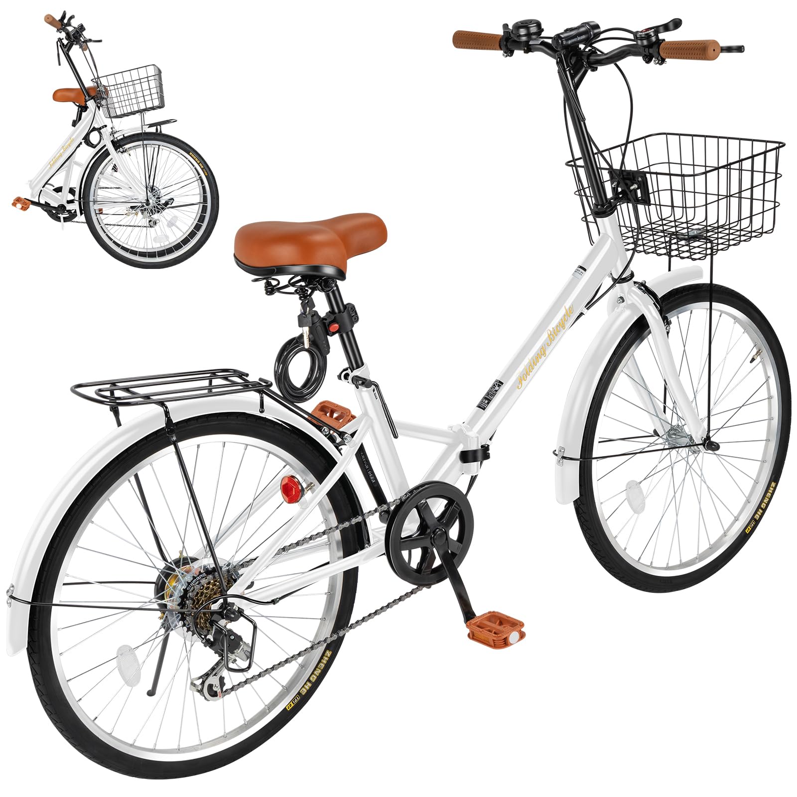Mixiu Shimano Folding Bicycle, 7 Speed Shifter, High Carbon Steel Frame, 20"/24 Inches, Thick Saddle, Rear Carrier, Cage, Light, Wire Lock, Air Pump Included, Lightweight, Bicycle, Commuting to Work or School, Street Riding, Unisex white 24インチ