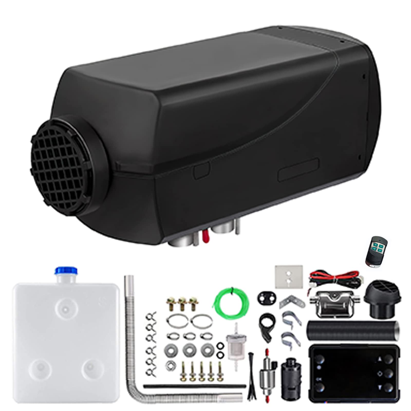 FF Heater, 2 KW for 12 V Cars, LCD Screen Diesel Fuel, Parking Diesel Kit, Air, Low Fuel Consumption, Energy Saving, 2.0 gal (10 L) Fuel Tank, Parts with Remote Control, Suitable for Ships Black