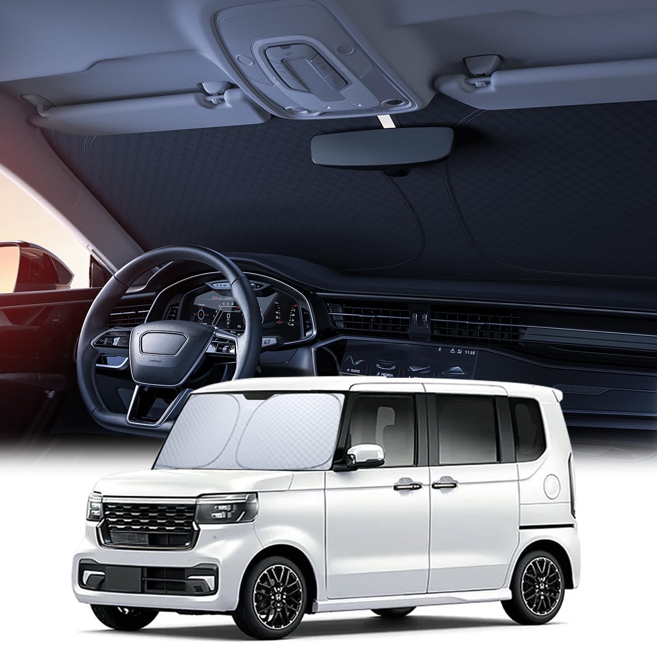 【6層断熱素材】 Lamicall ホンダ N-BOX JF5 JF6系 R5.10-現行 N-BOXカスタム 車 フロントガラス サンシェード | 車サンシェード 日除け 車 フロント サンシェード 車用 フロントガラス サンシェード クルマ 折り畳み式 カーシェード カー用品 遮光 uvカット 紫外線遮蔽 さんしえーど 擦り傷防止 断熱素材 暑さ対策 頑丈 収納ポーチ付き ホンダ N-BOX JF5/JF6系（2023年10月～現行）