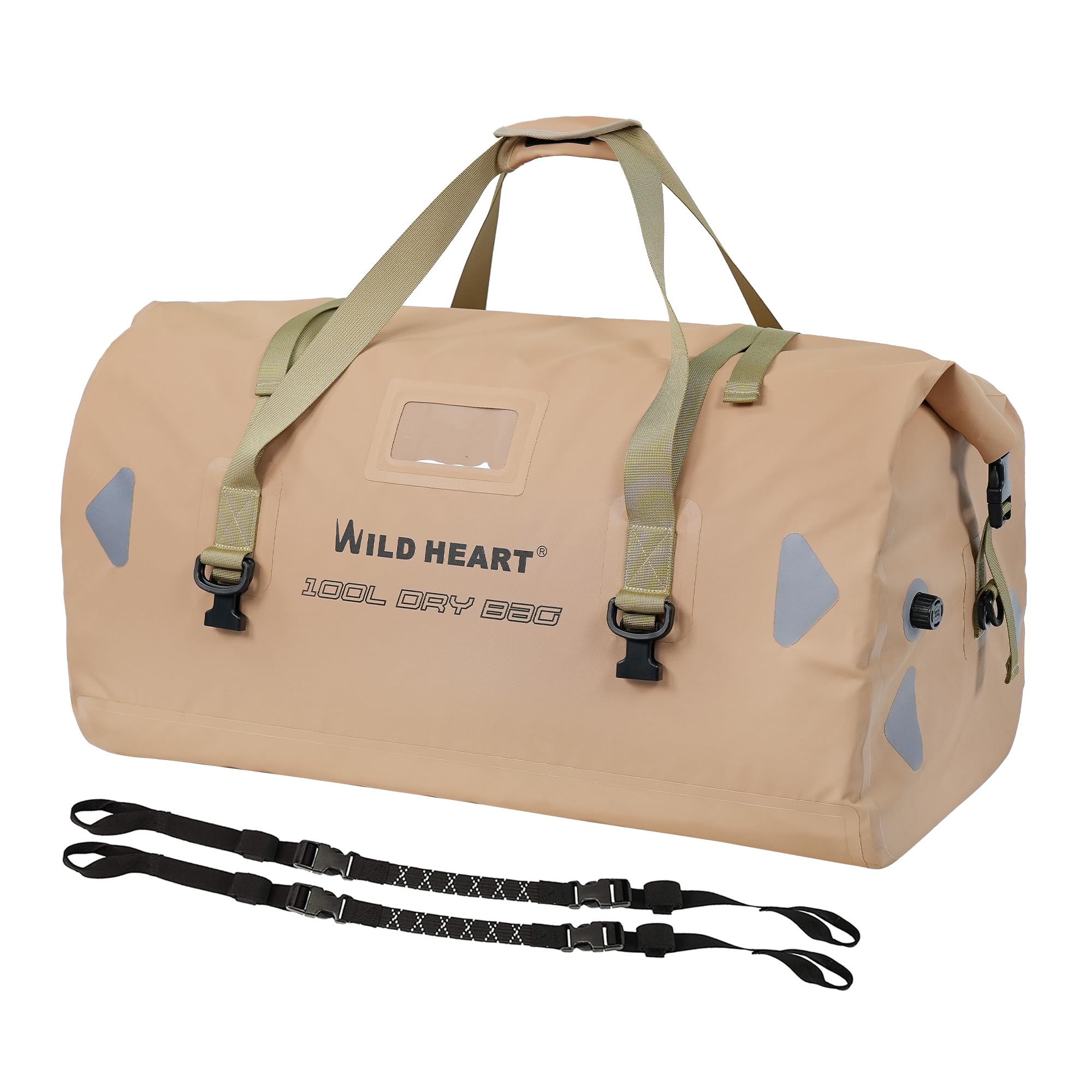 WILD HEART Waterproof Bag Duffel Bag 40L 66L 100L with Welded Seam Shoulder Strap Binding Rope Kayaking Camping Boating/Cycling Motorcycle Drum Bag Touring Seat Bag Motorcycle Outdoor (Khaki, 100L) Khaki 100L
