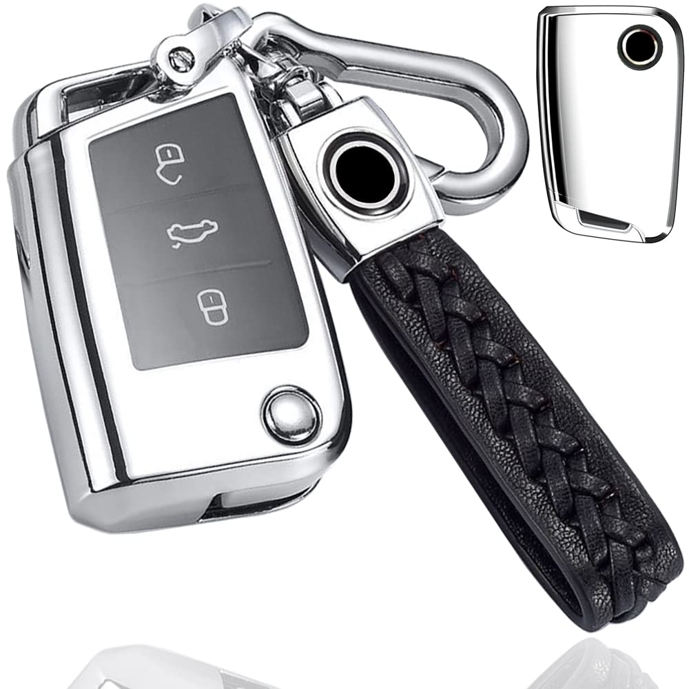 VW Volkswagen Dedicated Key Case Genuine Leather Key Holder Beetle Golf Polo Passat Tiguan Touareg Key Cover B Type Silver, Set