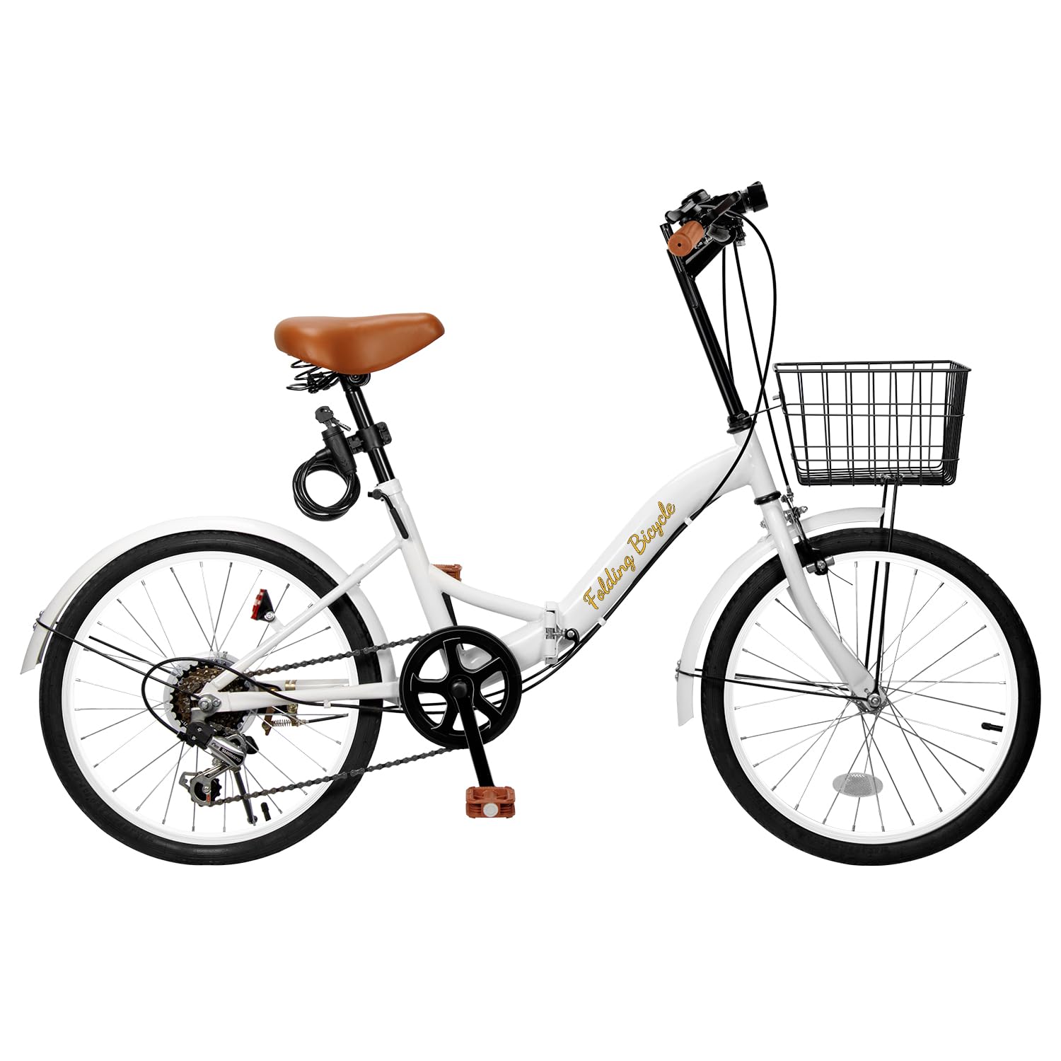 Mixiu Folding Bicycle, 20-Inch, Folding Bicycle, P-O8A, 6-Speed Shifter, Improved Paint Process, High Carbon Steel Frame, Adjustable Handle, Saddle Height, Front and Rear Mud Guard, Wire Lock, Light white
