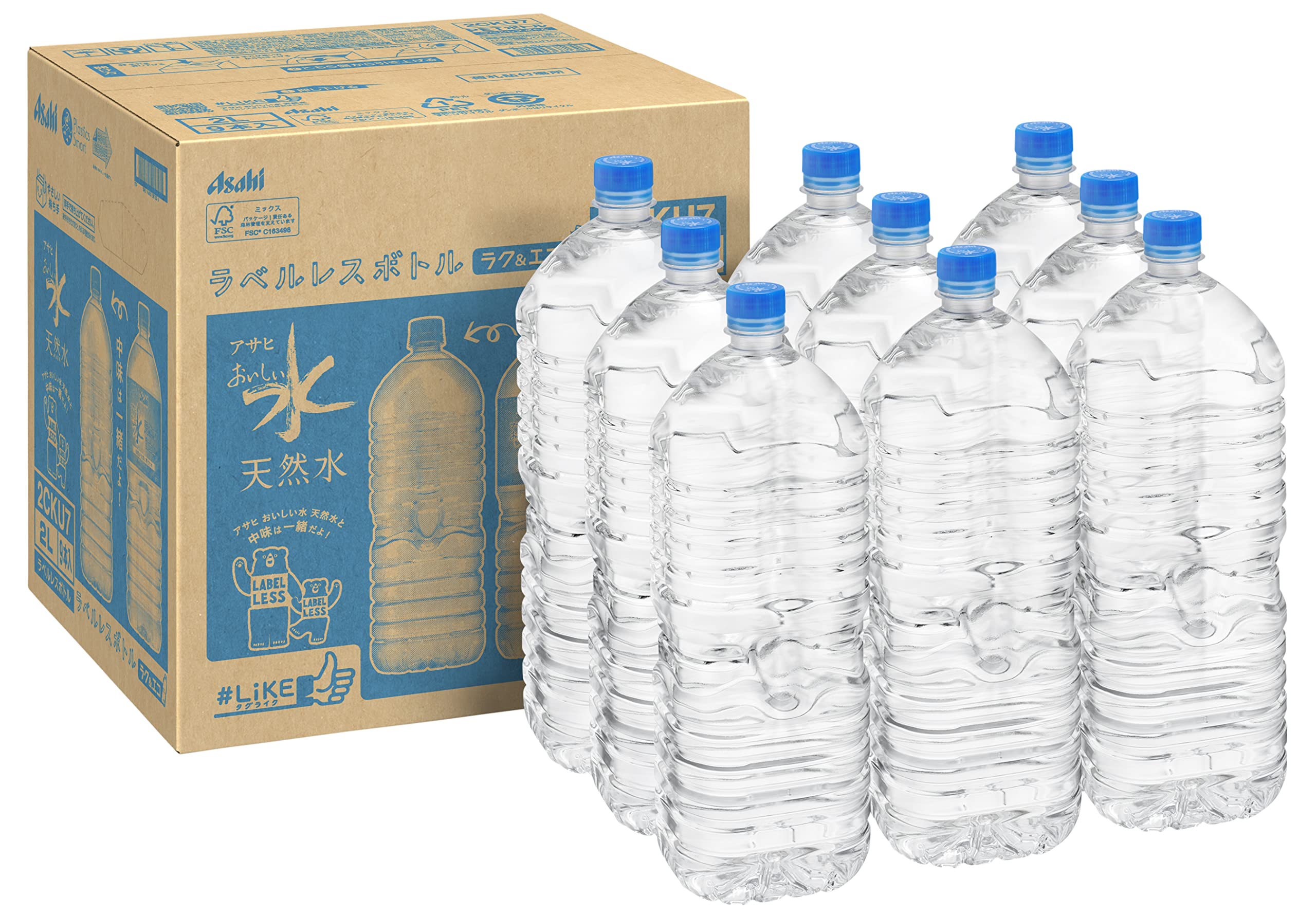 【Amazon.co.jp Exclusive】 #like(Tag Like) Asahi Oishii Mizu Natural Water, Labelless Bottle, 0.5 gal (2 L) x 9 Bottles 1) 2L x 9 labelless