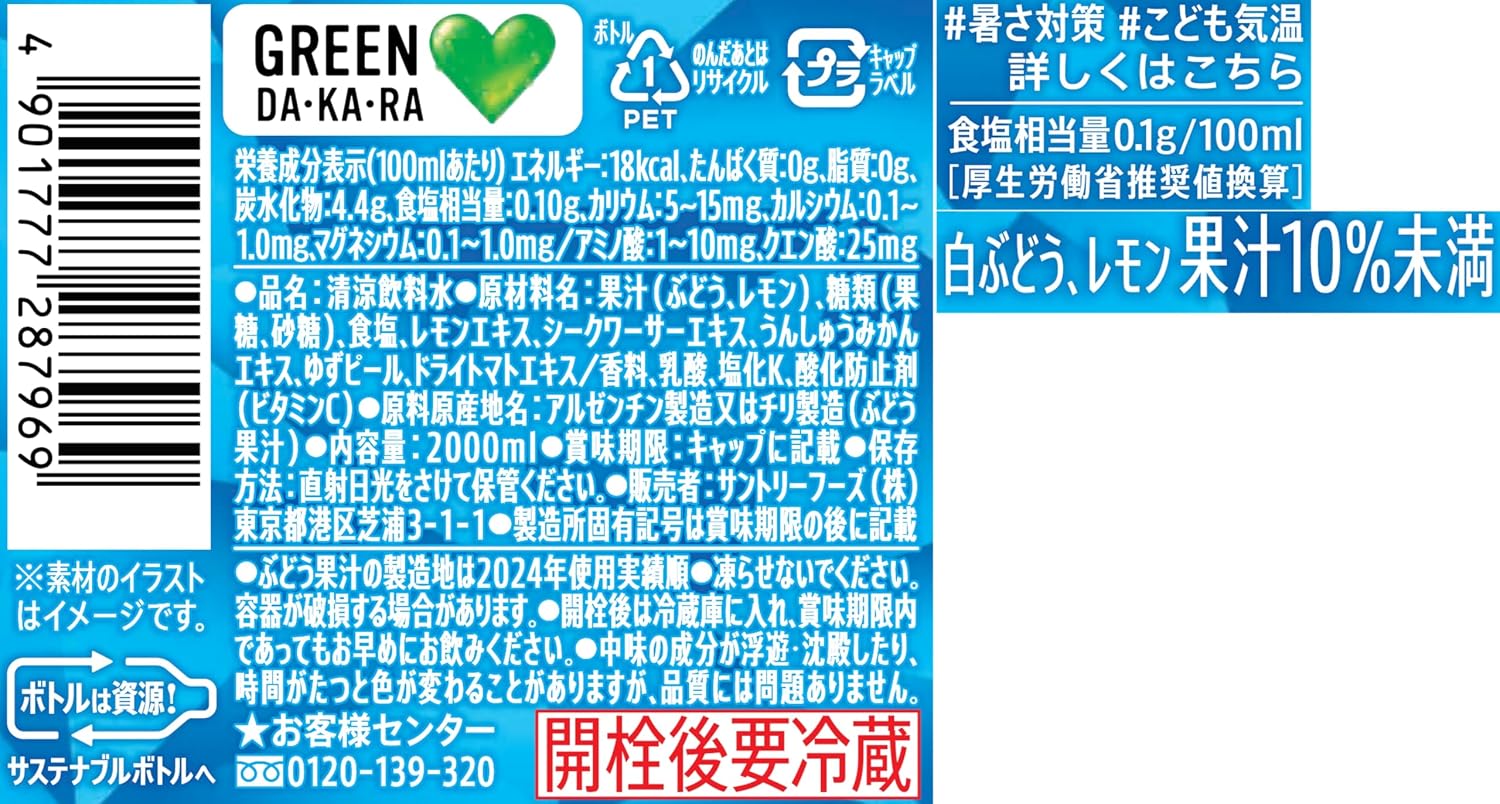 ЗЕЛЕНЫЙ ДА-КА-РА (Green Dakara) Спортивный напиток Suntory GREEN DA-KA-RA, 67,6 жидких унций (2 л) х 6 бутылок, фото 2