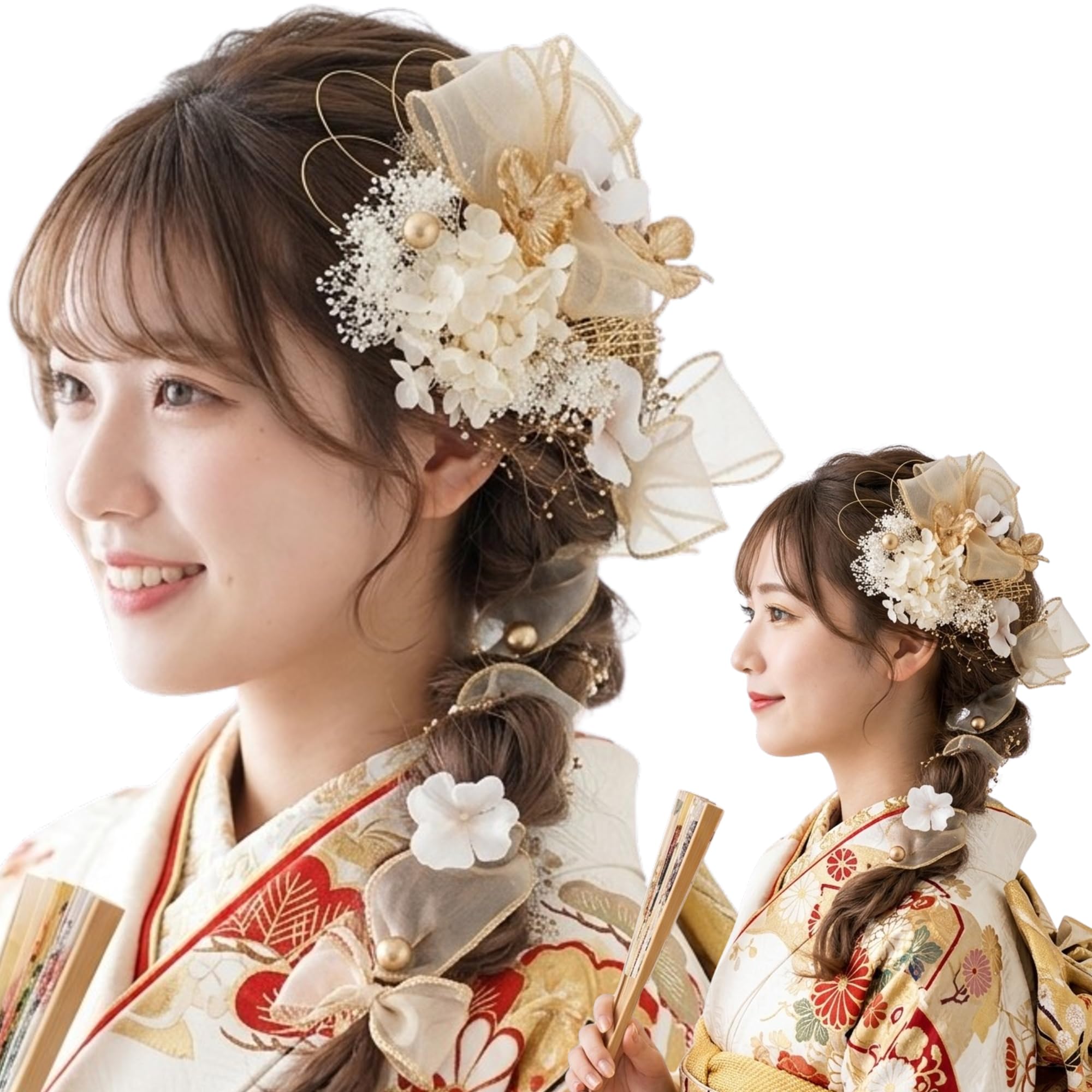 [LALALA beauty flowers] Gorgeous Tulle Hair Ornament - Hair Accessory Perfect for Coming-of-Age Ceremonies, Yukatas, and Furisode, Also for Graduation Ceremonies and Shichi-Go-San, Elegant Finish with Beige Organza [2700]