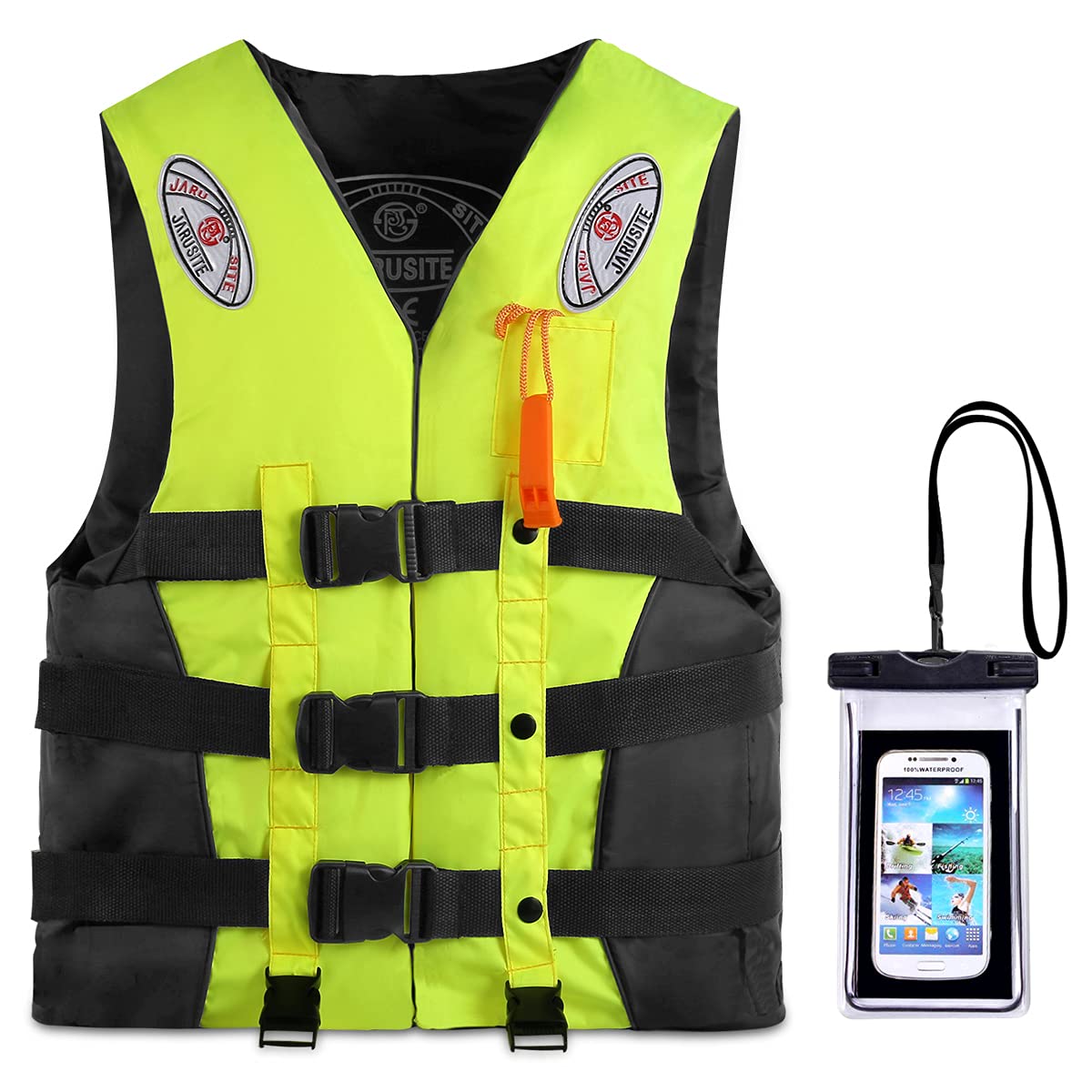 Life Jacket, Fishing, Smartphone Waterproof Case + Floating Vest Set, w/ Whistle, Life Vest, for Kids & Adults, Unisex, for River Activities, Boating, Ocean Swimming, As Buoyant as Japan XX-Large Fluorescent