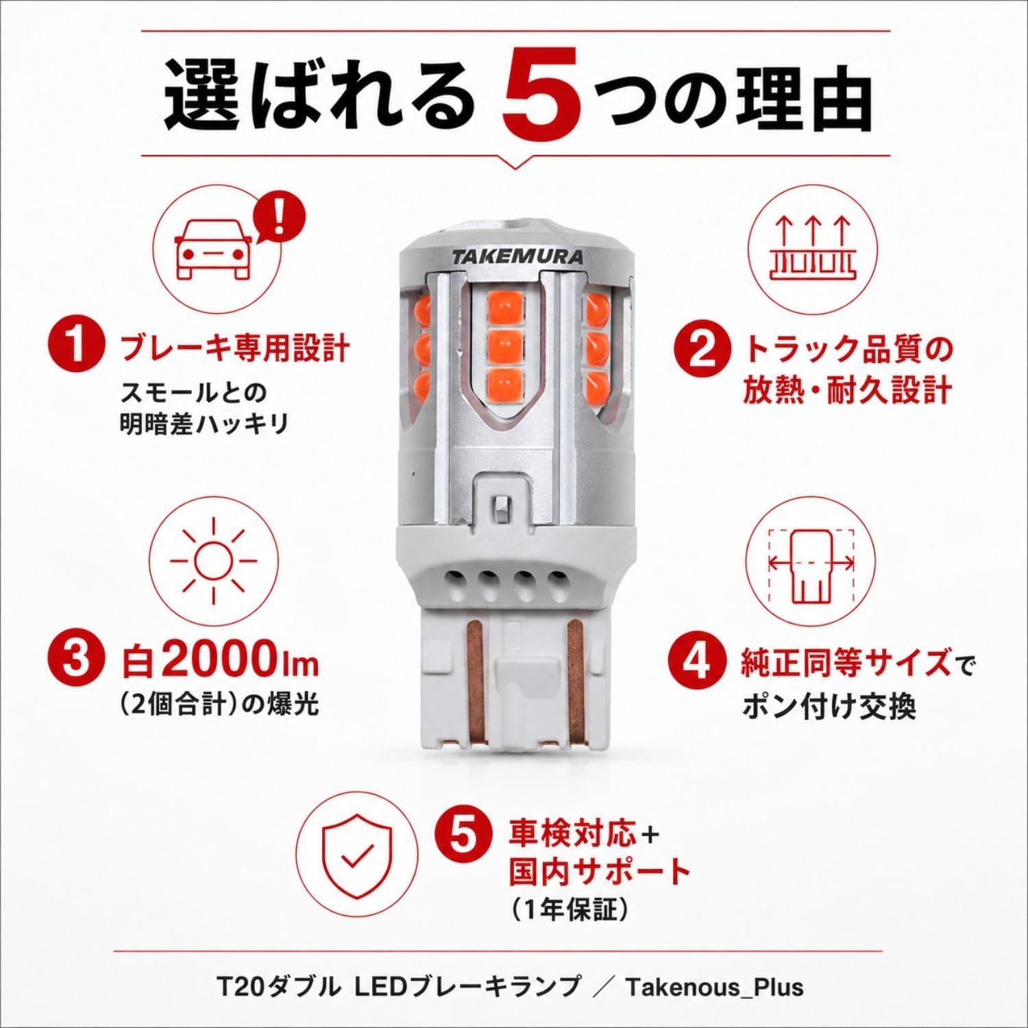 Двойной светодиодный стоп-сигнал Takemura Shokai T20, 2000 лм, Взрывоопасный красный, Задний фонарь, Подходит для техосмотра автомобилей, 12 В, Комплект из 2 красных фонарей T20, фото 6