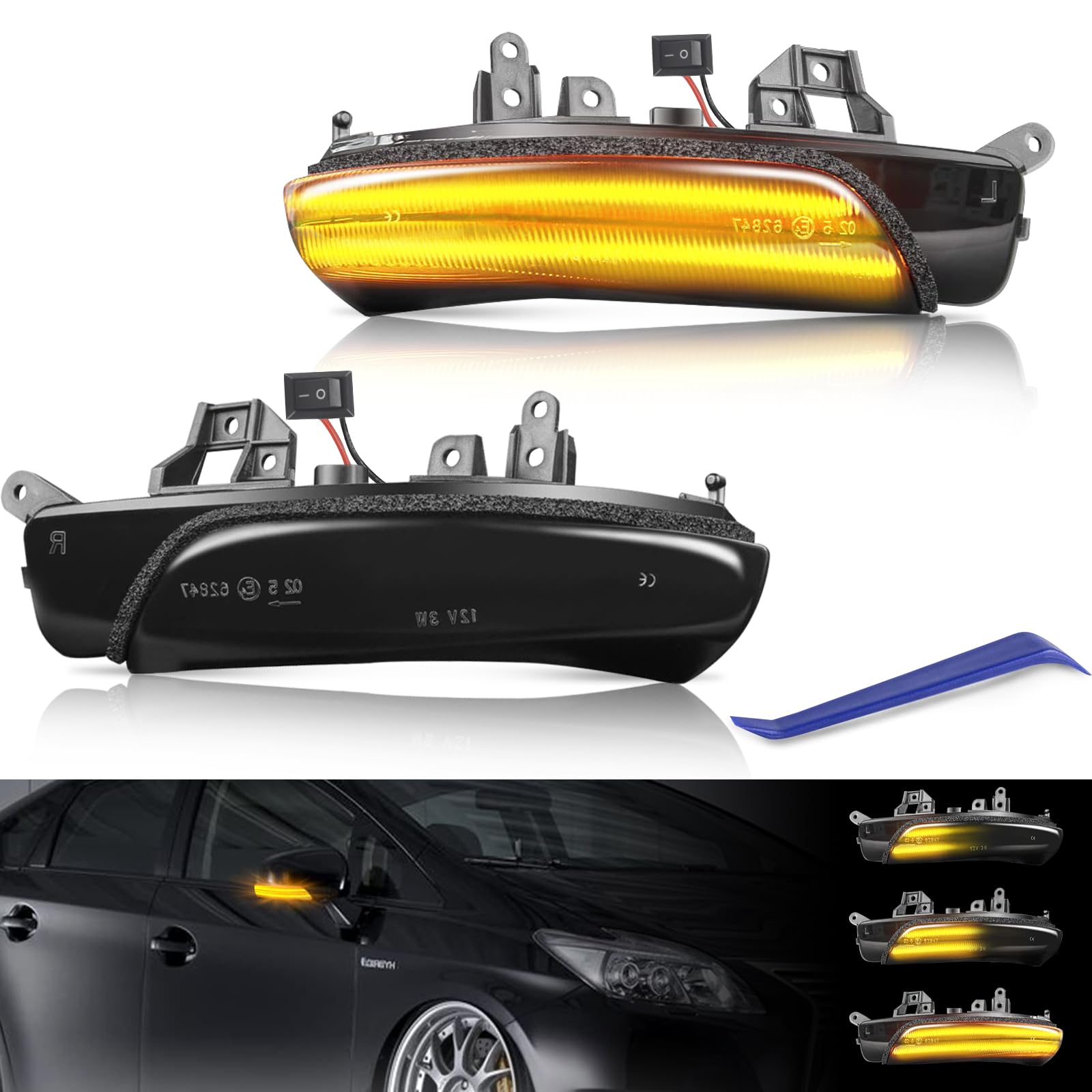GemPro ミラーウィンカー LED プリウス PHV 30系 G's対応 プリウスα 40系 クラウン200系 カムリ40系 ウィッシュ20系 マークX130 マークXジオ10系 サイ10系前期 ラクティス120系 トレジア120 メビウス アルティスV40系 後期などトヨタ用 ダイハツ用 スバル用 シーケンシャル 流れる 車検対応 2個セット (スモーク スイッチ付き) プリウス PHV 30系 G's対応 プリウスα 40系などスモークレンズ