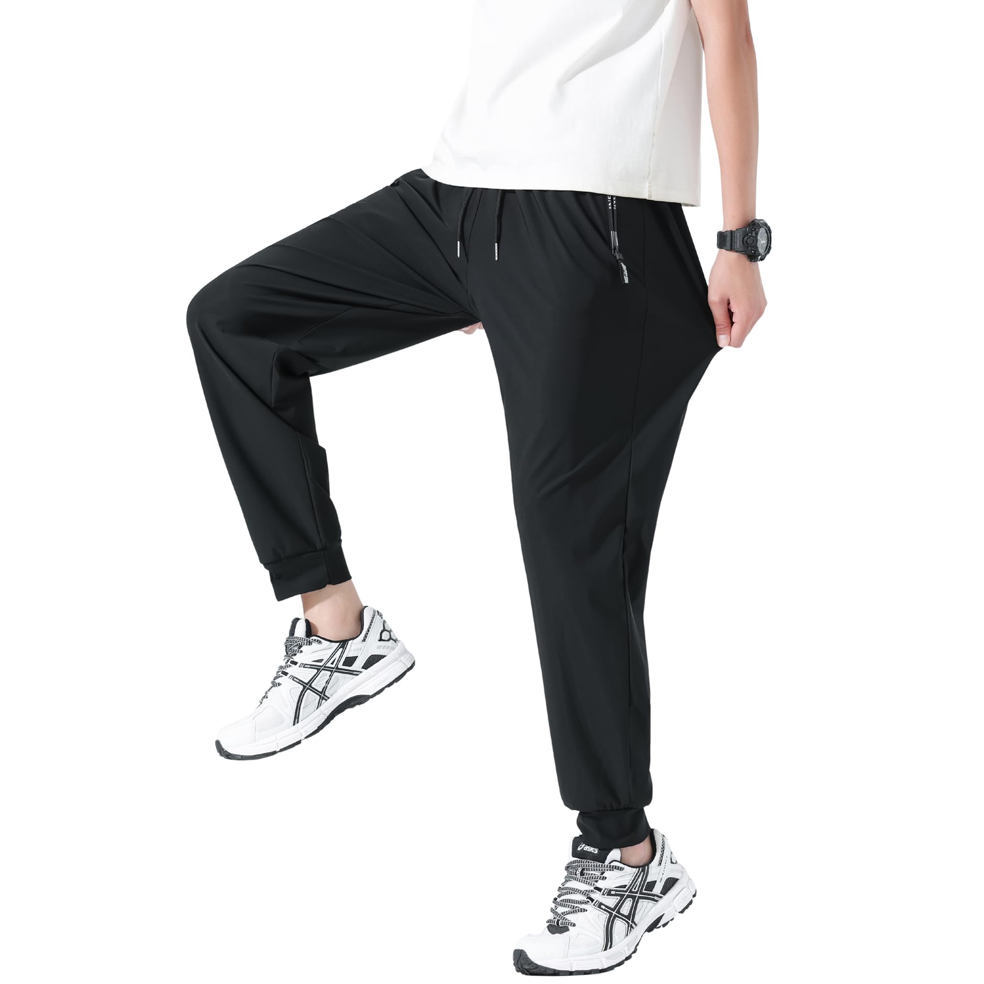 W Wonyo Men's Ice Silk Pants, Cool Touch, For Summer, Cooling Trousers, Quick Drying, Super Stretch, Selectable Joggers, Tapered Jersey Underneath, Thin, Lightweight, Nylon, Easy Pant, Large Size L #129: Black [Type A Jogger]