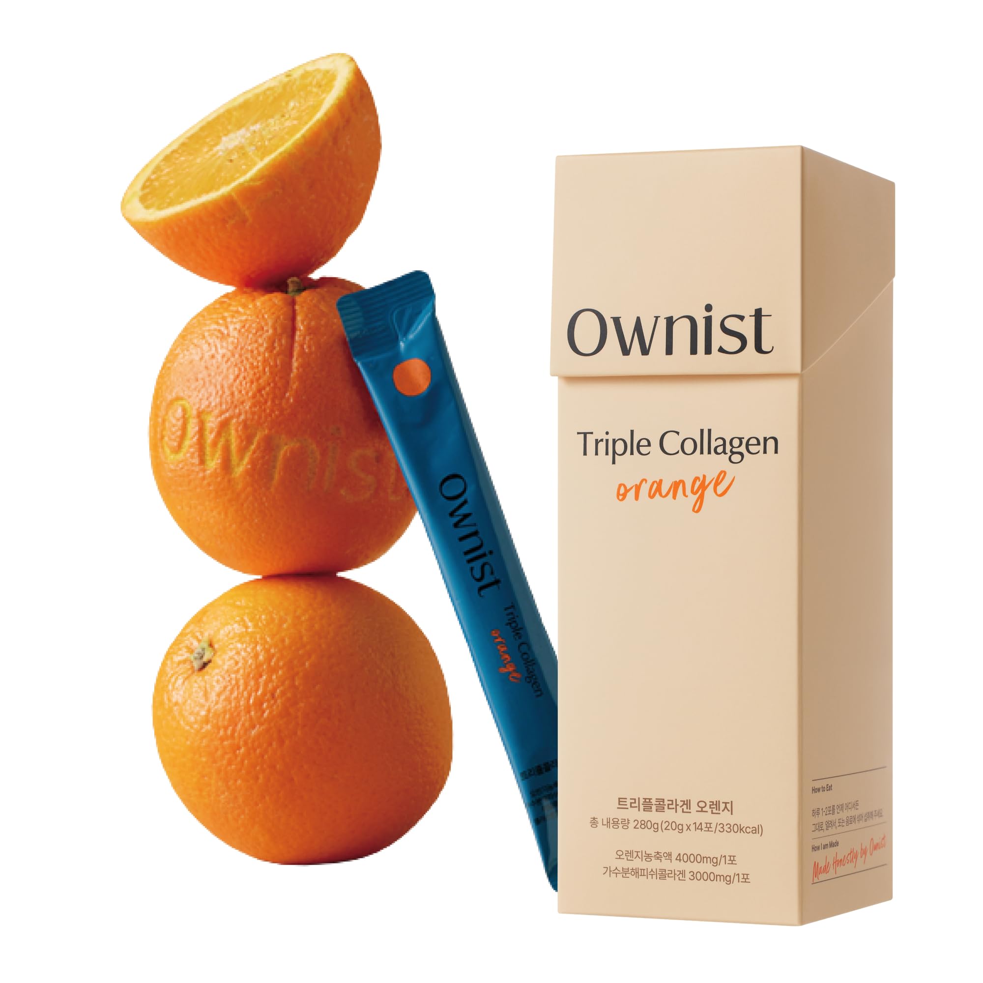【Featured in VOGUE Best Collagen】 Ownist Triple Collagen Orange (20g×14 sticks 1 box) Inner Care Collagen Hyaluronic Acid Elastin Vitamin C Beauty Drink Collagen Drink Korea Onist