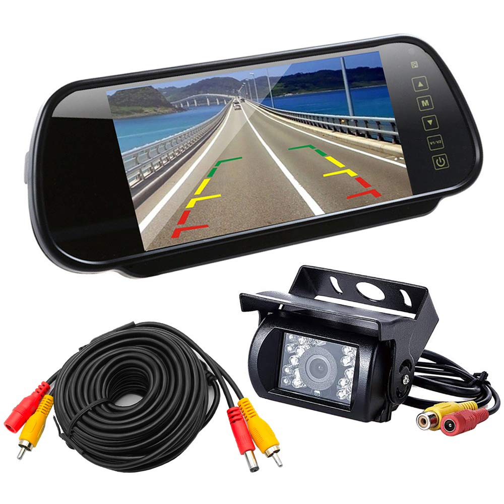 FMTRM71SET 7-Inch Rearview Mirror Monitor + Waterproof Rear Camera Set, Compatible with 24V Vehicles, Auto Back Switching, Night Vision, Guidelines Display, 65.6 ft (20 m) Cable Included