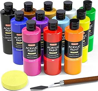 Shuttle Art アクリル絵の具 12色 473ml 大容量 絵の具セット ナイフ スポンジ付き 速乾 耐水 耐久 伸びがいい 鮮やか ボトル キャンバス/石/木材/セラミック/壁に描ける 画材 美術用品 イラスト 大人の塗り絵 アーティスト 美大生 学校用