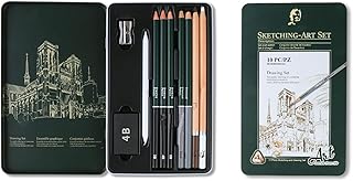 Roseelf デッサン用鉛筆 スケッチ鉛筆 画材セット 木炭 描画 イラスト 美術用品 プレゼント - 10点セット（金属ケース入り・鉛筆削り 手動付き）