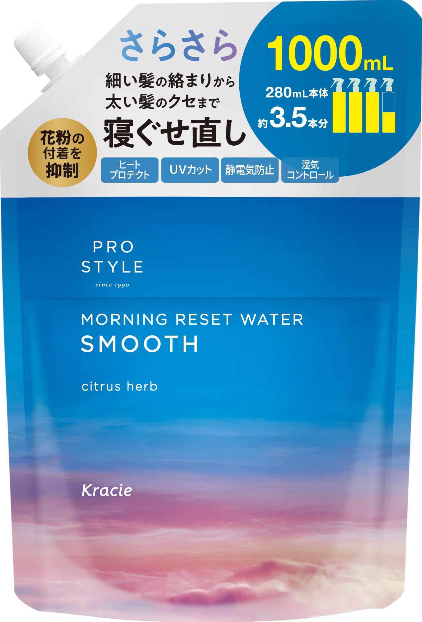 Pro Style Morning Reset Water Smooth Refill Large Capacity 1000ml | Hair Water, Hair Mist, Hair Care, Styling, Smooth, Citrus Herbs 1000ml Smooth Refill