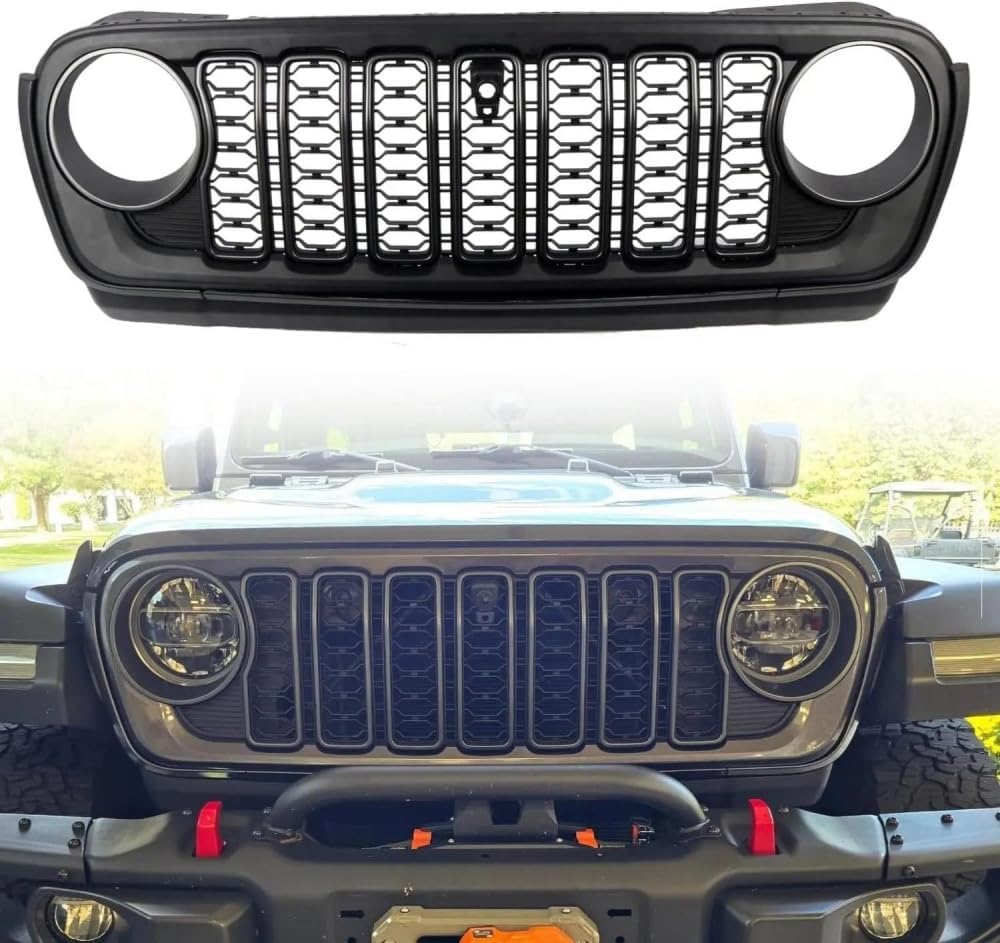 Передняя решетка радиатора Wrangler JL 18-24 лет, совместимая с Gladiator, ABS матово-черная, затемненная в стиле Black out, с отверстием для камеры, внешние детали (с камерой, черный), фото 2