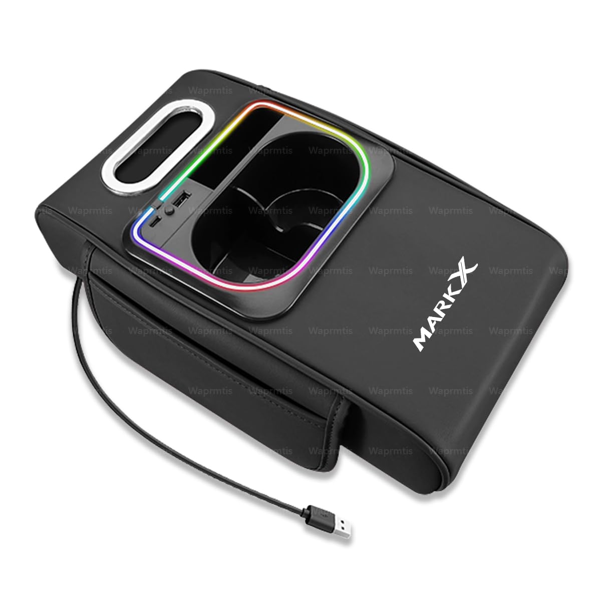 Mark X Car Armrest Cushion, Mark X 120 Series, 130 Series, 150 Series, Multifunctional Luminous Armrest Cushion, Made of Smart Leather, Tissue Box, Drink Holder, Storage Pocket, Rapid Charging, 3.1 inches (8 cm) Increased Design, Comfortable Support, Driving Necessities, Interior Atmosphere Light, 5 Colors Available (Black) Black Mark X