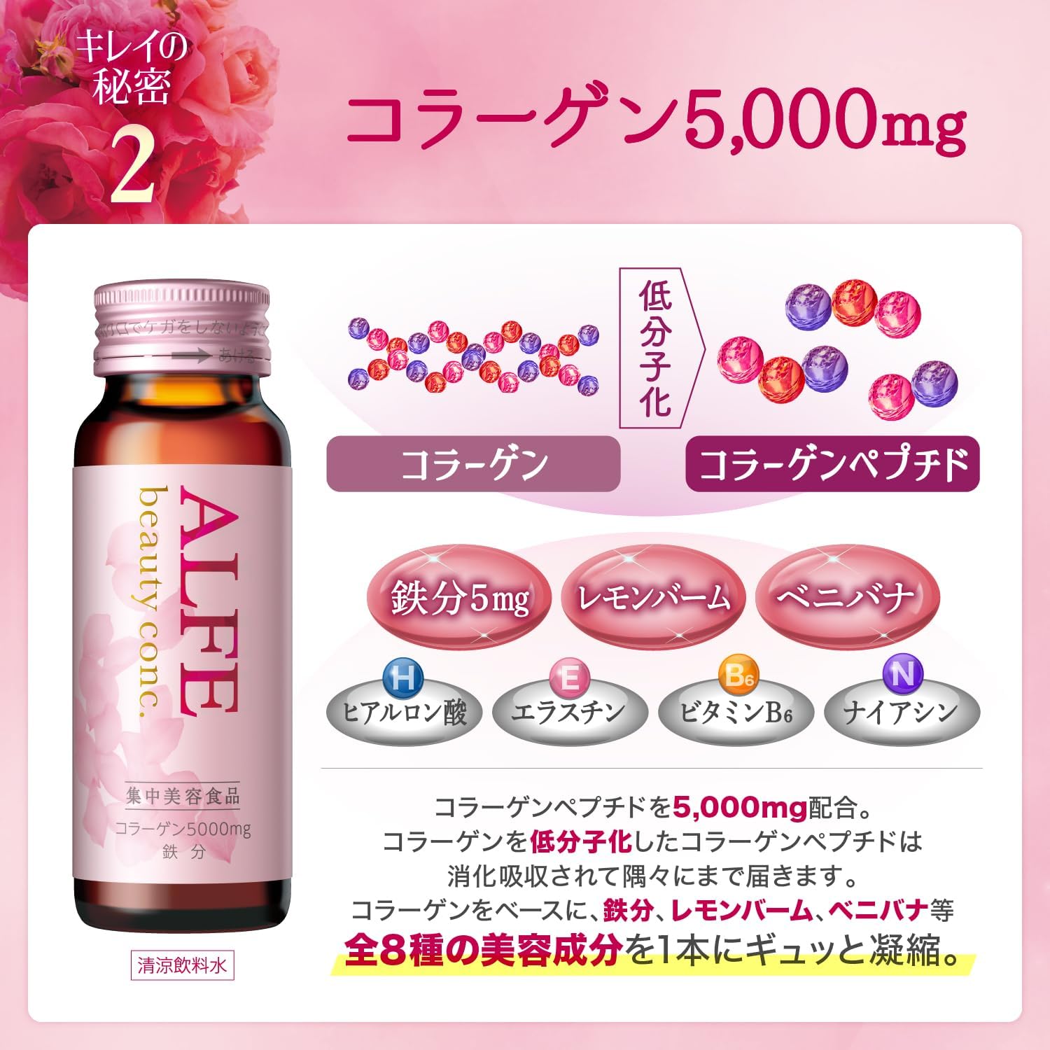 [Пищевая добавка для питания] Taisho Pharmaceutical Alfe Beauty Conc, 50 мл × 10 г, Коллаген, эластин, гиалуроновая кислота, Мелисса сафлоровая, витамин В6, ниацин, железо, Ароматизатор персика и муската, без кофеина., фото 5