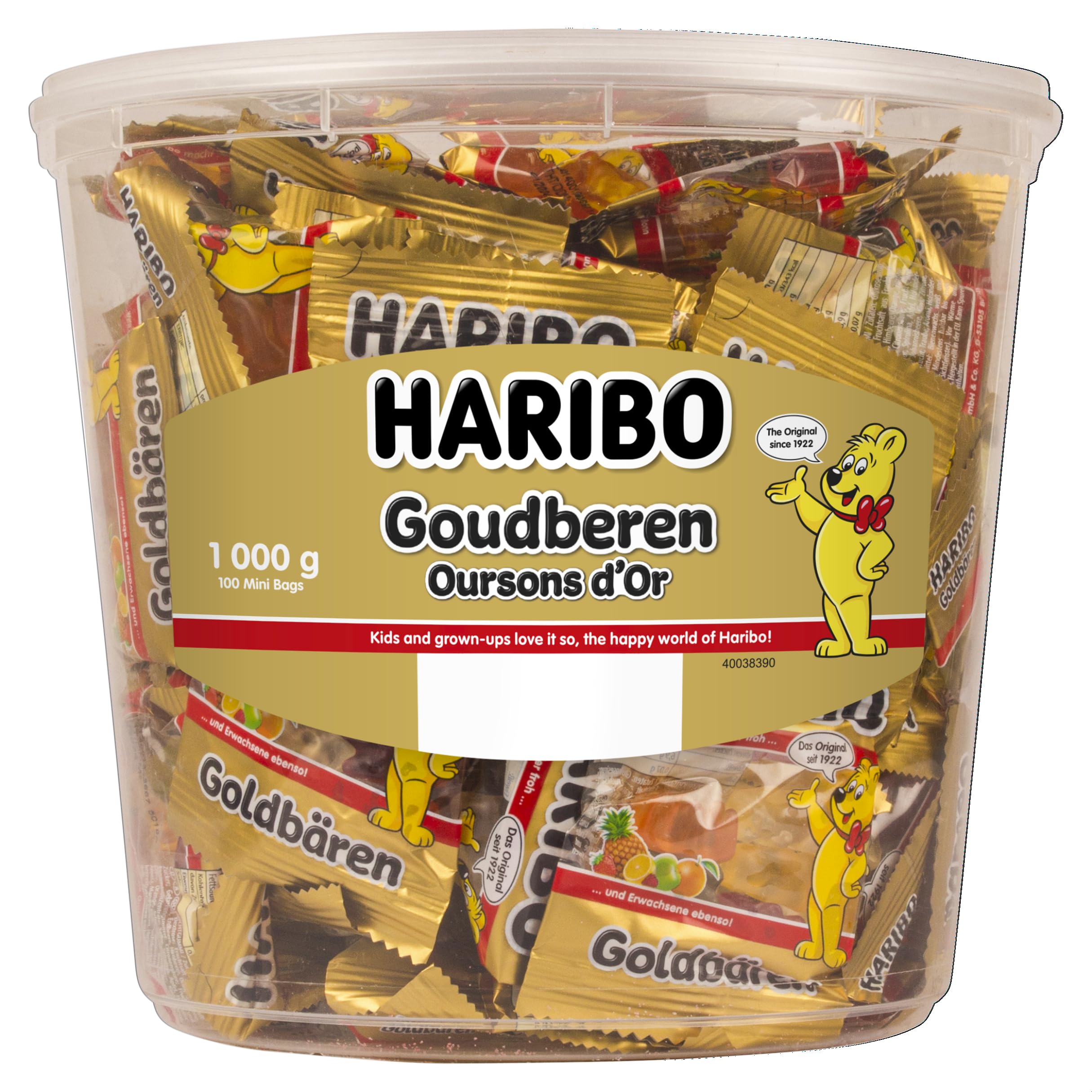 HARIBO Haribo Mini Gold Bear Bucket 980g (100 bags) Apple, Orange, Raspberry, Lemon 980g × 1 unit