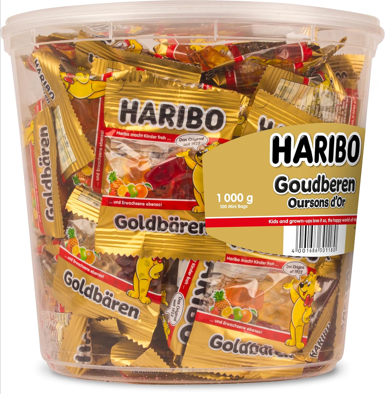 HARIBO Ведерко Haribo Mini Gold Bear 980 г (100 пакетиков) Яблоко, Апельсин, малина, лимон 980 г × 1 шт., фото 2