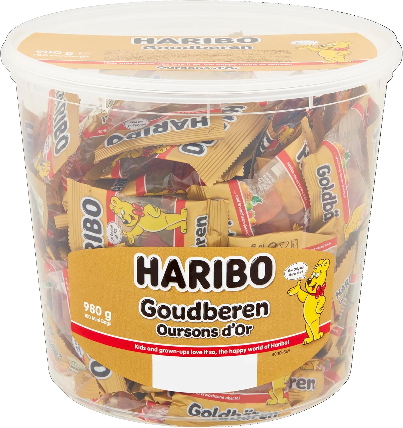 HARIBO Ведерко Haribo Mini Gold Bear 980 г (100 пакетиков) Яблоко, Апельсин, малина, лимон 980 г × 1 шт., фото 3