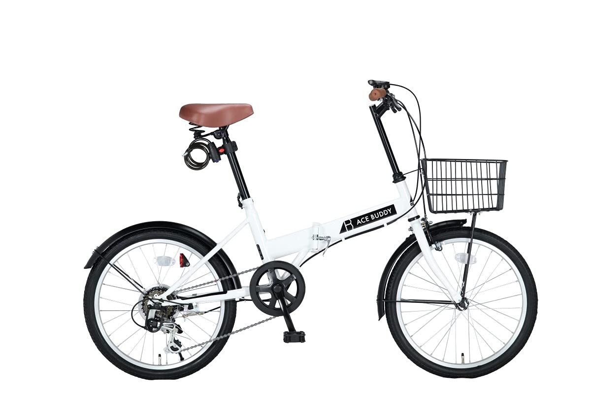 ACE BUDDY 206-5 Folding Bicycle, Folding Bicycle, 20-Inch Folding Bicycle, Lightweight, Shimano 6 Speed Shifter, Basket Included, Wire Lock, LED Light, Small Diameter Car, Mini Velo, For School or white Accessories not included