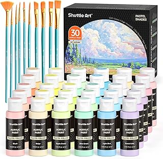 Shuttle Art アクリル絵の具 パステルカラー 30色 絵の具セット 60ml ペイントブラシ10本付き かわいい 柔らかい色調 キャンバス/石/木/ガラス/セラミックに描ける 絵具 画材セット イラスト 塗り絵 クラフト 美術