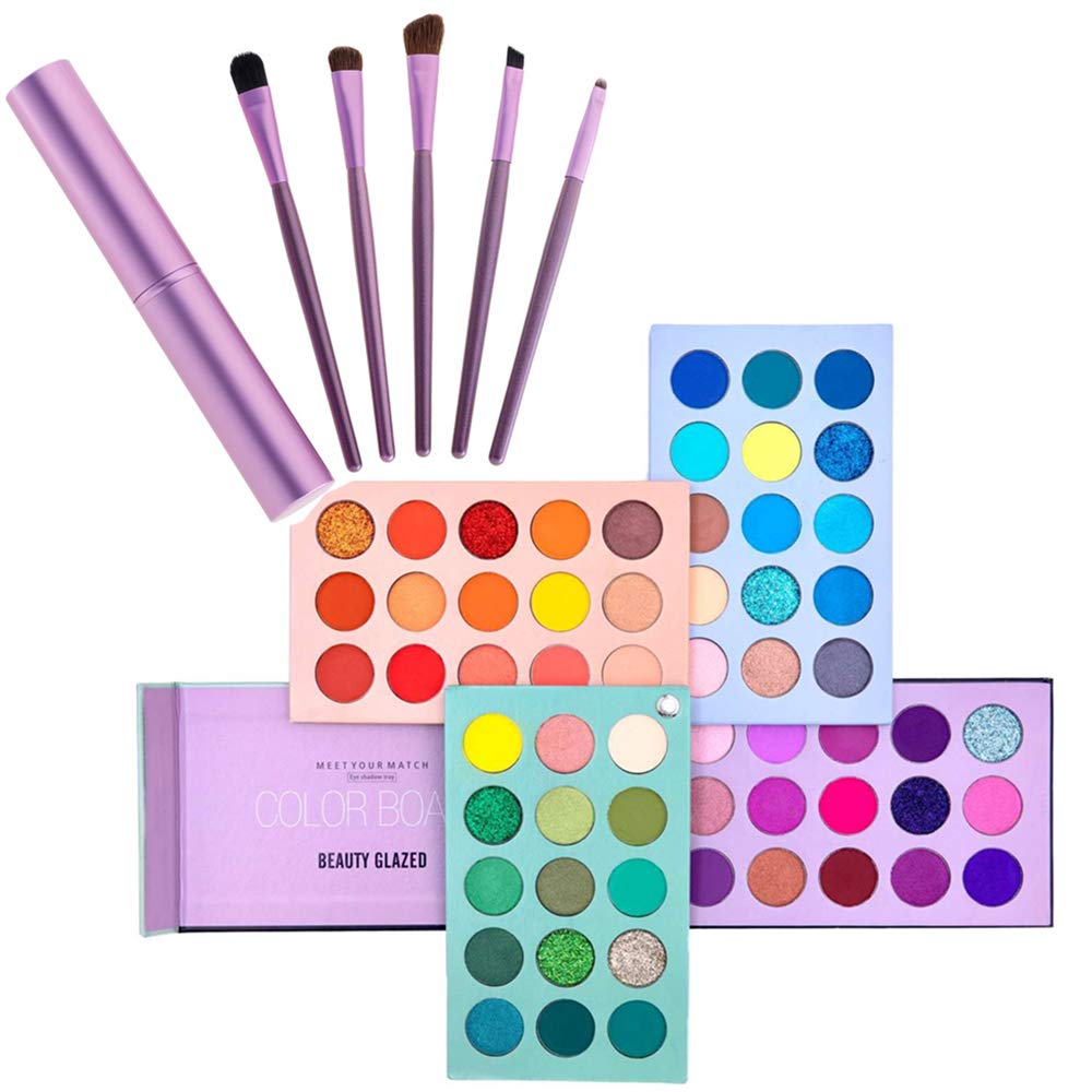 Beauty Makeup Kit, 60 Colors Eyeshadow Palette & 5 Makeup Brushes Set, 4 in 1 Board High Color Glitter Matte Eyeshadow Rotating Pearls Glossy Naked Eye Cosmetics Makeup Palette
