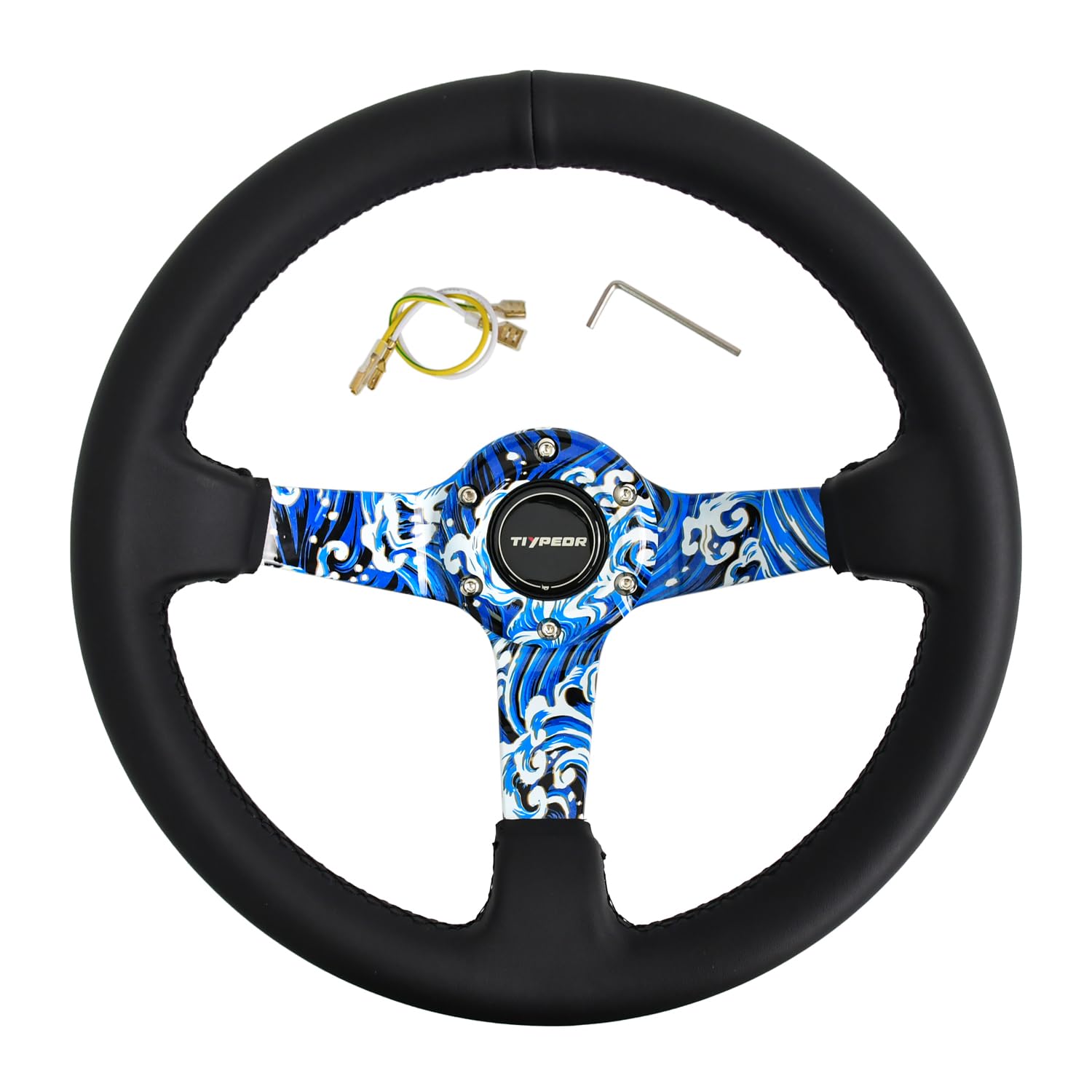 Wave/Water Transfer Print Racing Adventure Car Steering Wheel 320mm 12.5" Leather Grip Aluminum Deep Dish (3" deep) Sport Drift Reinforced Steering Wheel with Horn Button 314-15 Blue